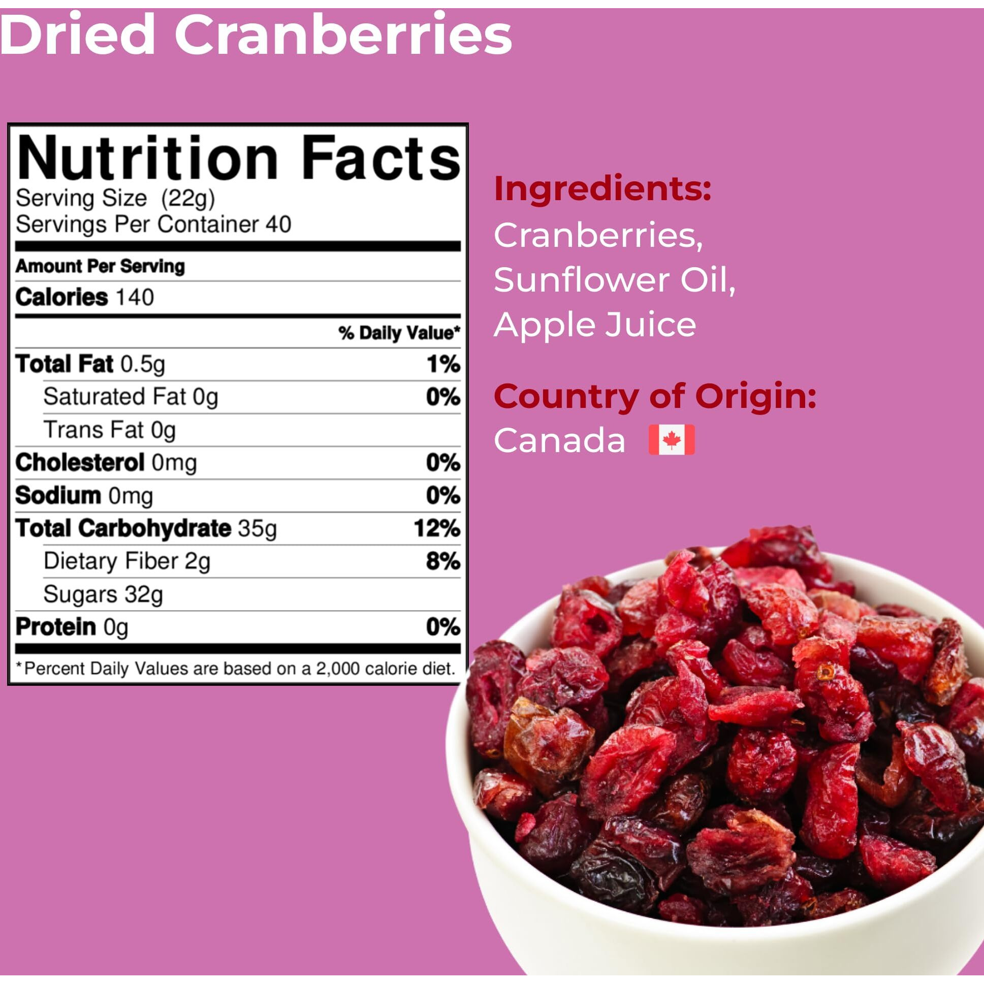 Amrita Dried Cranberries 2 Lb | Sweetened With Apple Juice, Unsulfured, Gluten Free, Non-Gmo, No Preservatives | Packed Fresh In Resealable Bags | Fruit Snacks, Salads, Baking