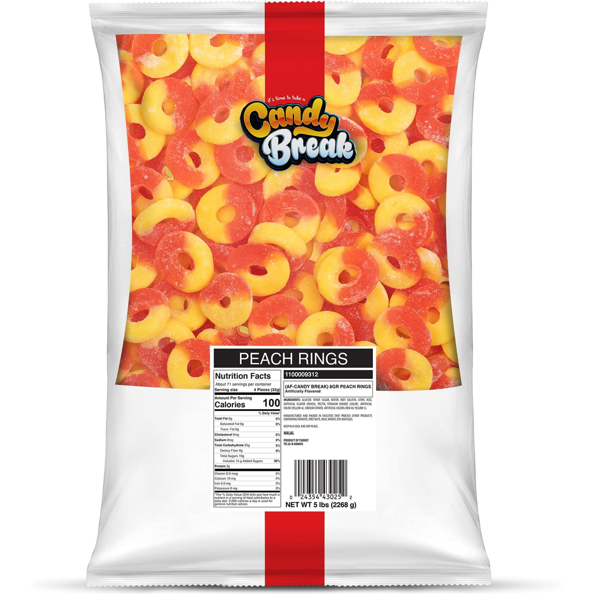 Candy Break Fruity Peach Rings 5 Lbs Share Size Bag - Sweet & Chewy Gummies Bulk Candy Pack - Snacks For Kids & Grown Ups