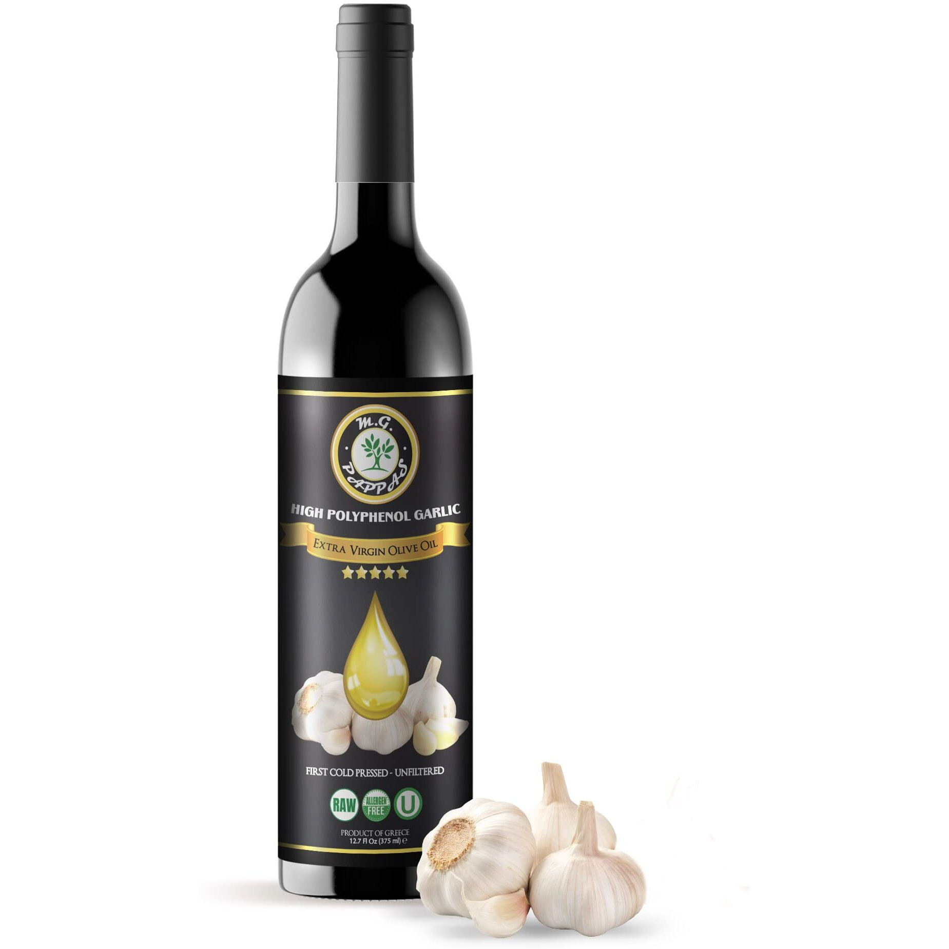 M.G. Pappas High Polyphenol Rich Garlic Infused Olive Oil - Extra Virgin Olive Oil Polyphenol Lab Report 650Mg/Kg - Cold Pressed & Unfiltered - High Hydroxytyrosol Greek Olive Oil - Award Winning
