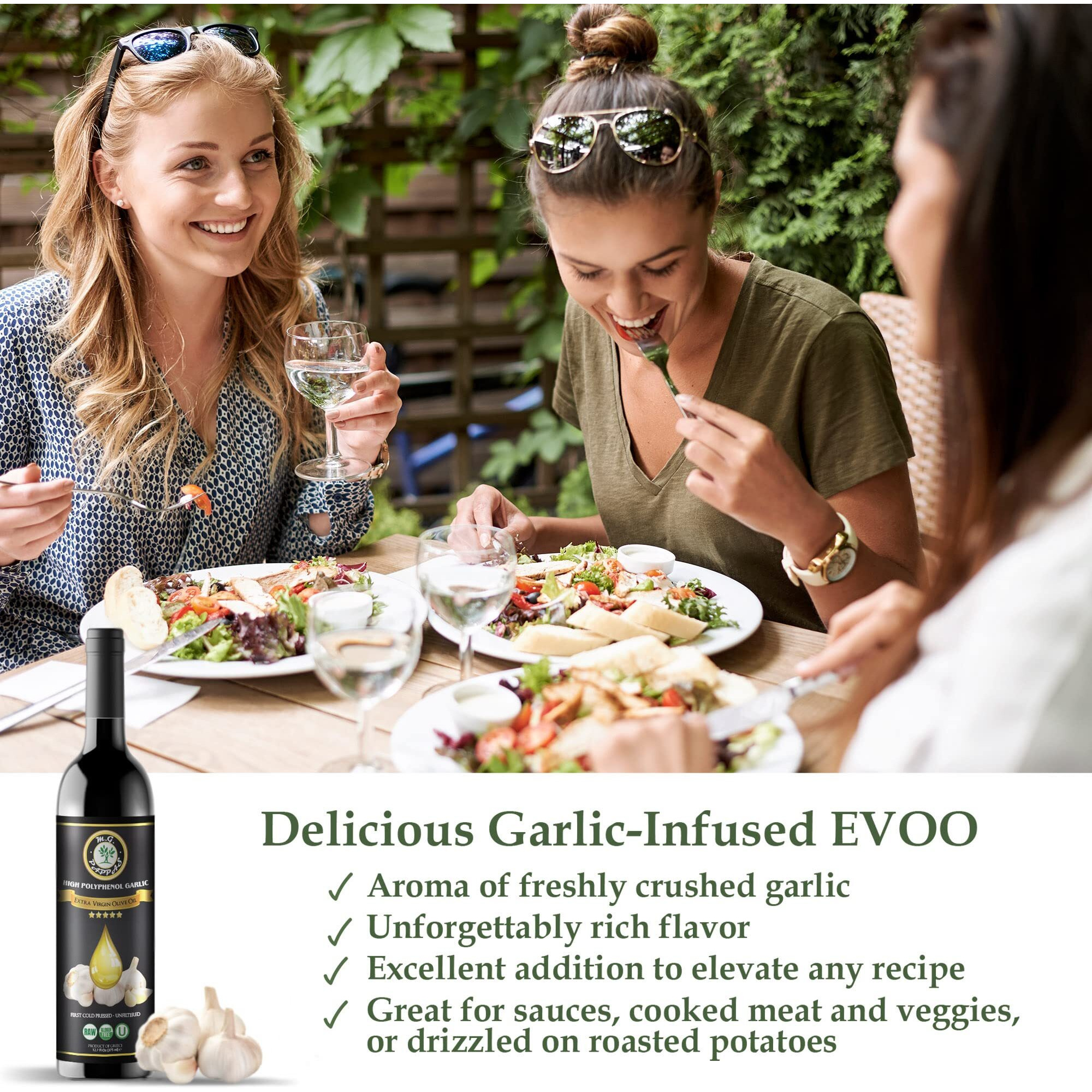 M.G. Pappas High Polyphenol Rich Garlic Infused Olive Oil - Extra Virgin Olive Oil Polyphenol Lab Report 650Mg/Kg - Cold Pressed & Unfiltered - High Hydroxytyrosol Greek Olive Oil - Award Winning
