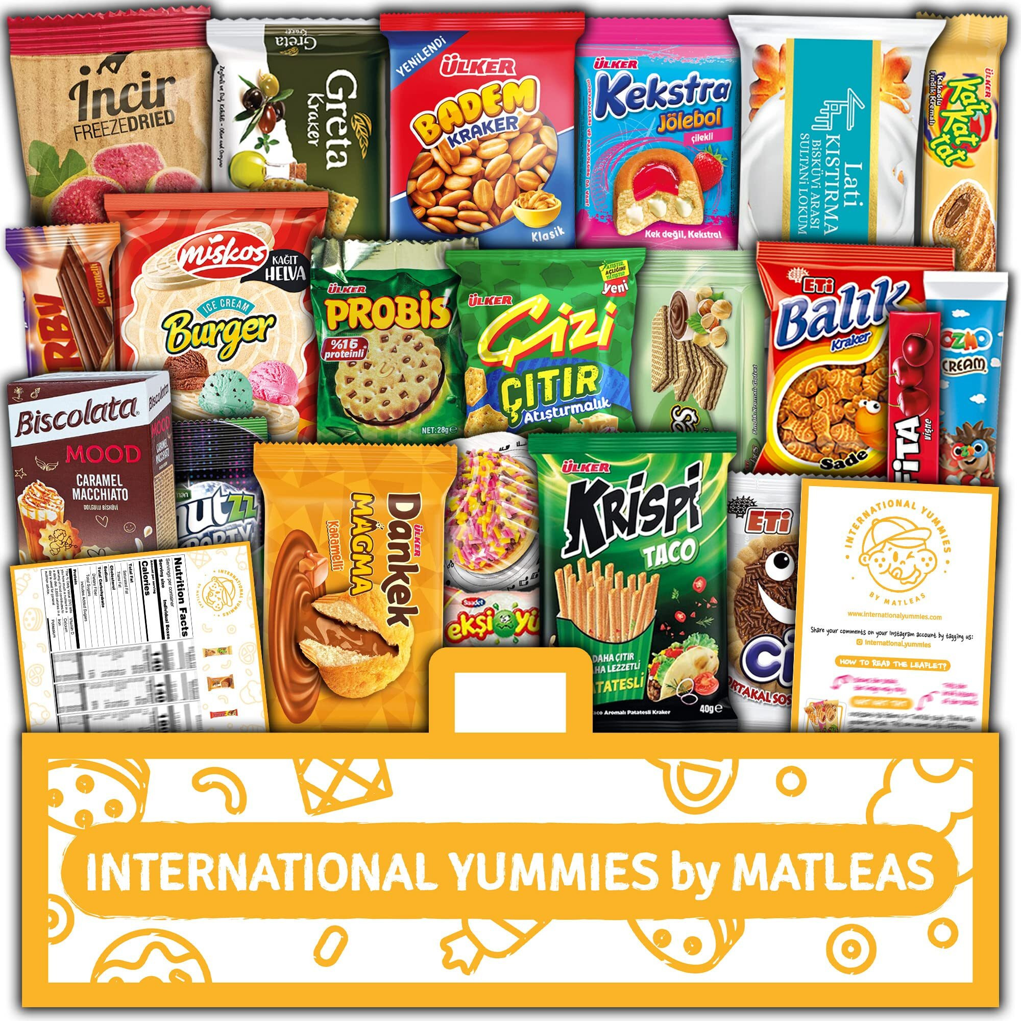 Maxi International Snack Box | Premium Exotic Foreign Snacks | Unique Snack Food Gifts Included | Saffran Yellow Theme | Candies From Around The World | 20 Full-Size + 1 Bonus Snacks
