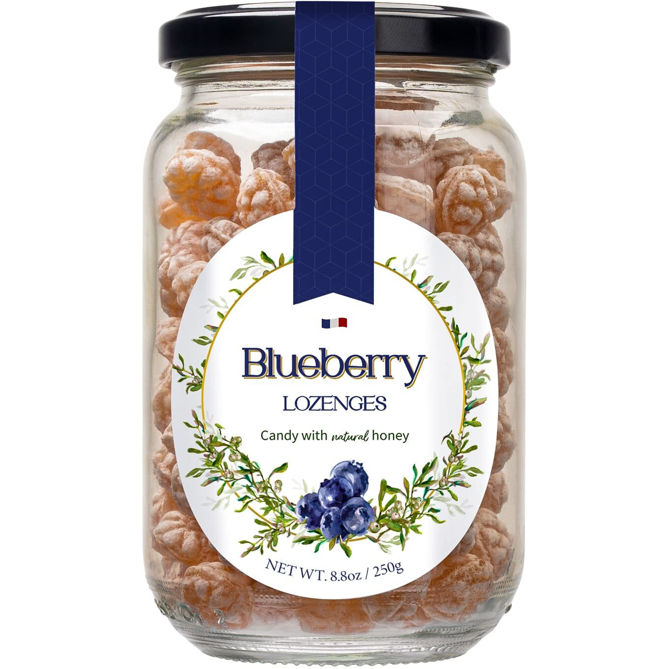 Gourmanity Blueberry Flavor Honey Lozenges Made With Real Honey And Natural Blueberry Flavor, Luxury French Honey Candy, Great Soothing Throat Lozenges, 8.8Oz Jar