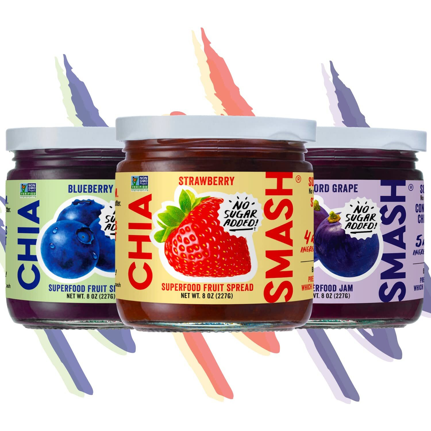 Chia Smash Jam, Variety 3-Pack Family Favorites | No Sugar Added, Naturally Sweet Jelly | Keto Friendly, Low Calorie, Low Carb | Non Gmo, Upcycled, Vegan, Plant Based, Paleo | Strawberry, Concord Grape, Blueberry