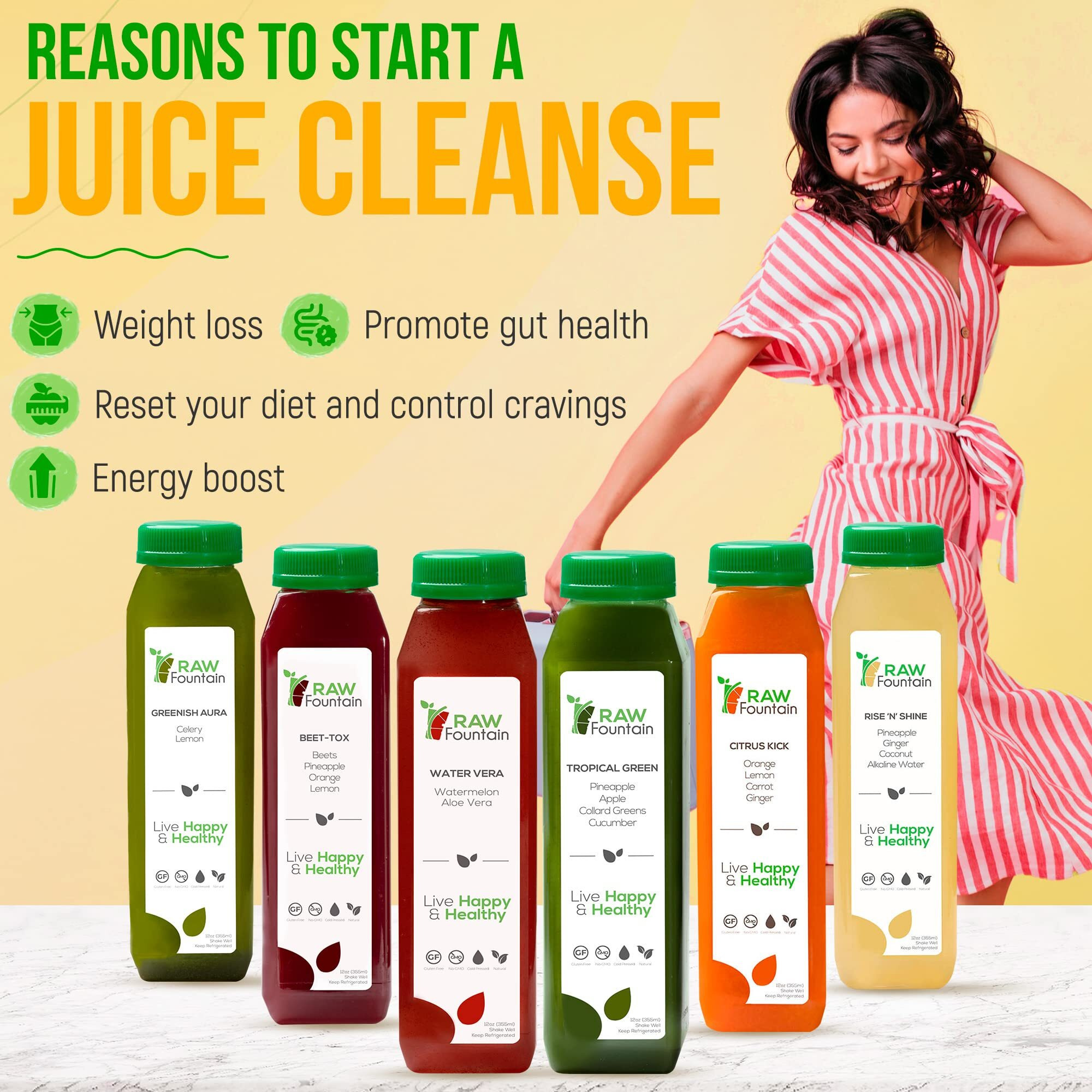 Raw Fountain 1 Day Juice Cleanse, Tropical Flavors, All Natural Raw, Cold Pressed Fruit And Vegetable Juices, Detox Cleanse, 6 Bottles 12Oz, 3 Bonus Ginger Shots