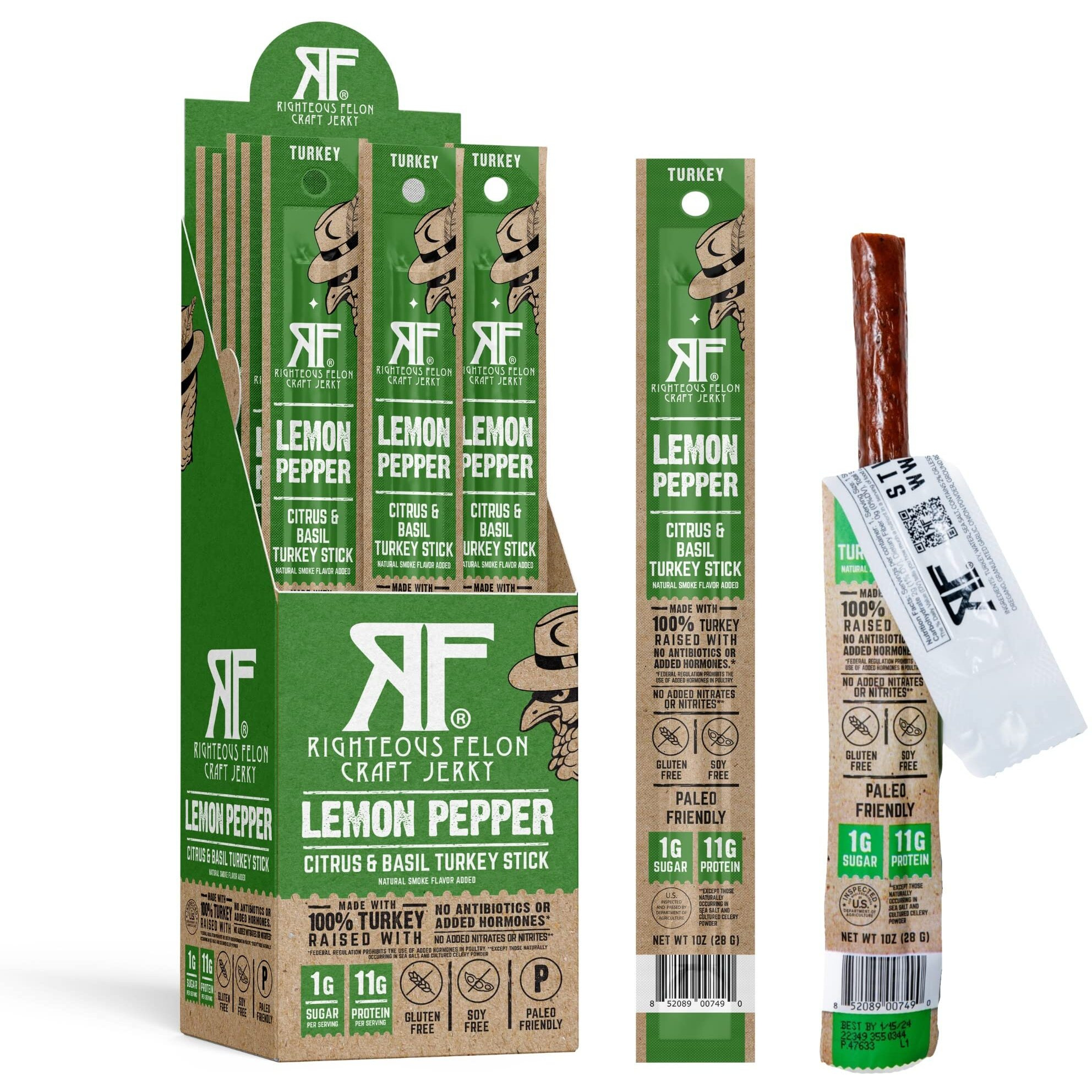Righteous Felon Meat Sticks | 100% Turkey Sticks | Gluten Free & Keto Meat Sticks | Low Sugar & High Protein Meat Sticks | Healthy Snack For Adults | Jerky Gifts For Men | Lemon Pepper, 24 Pack