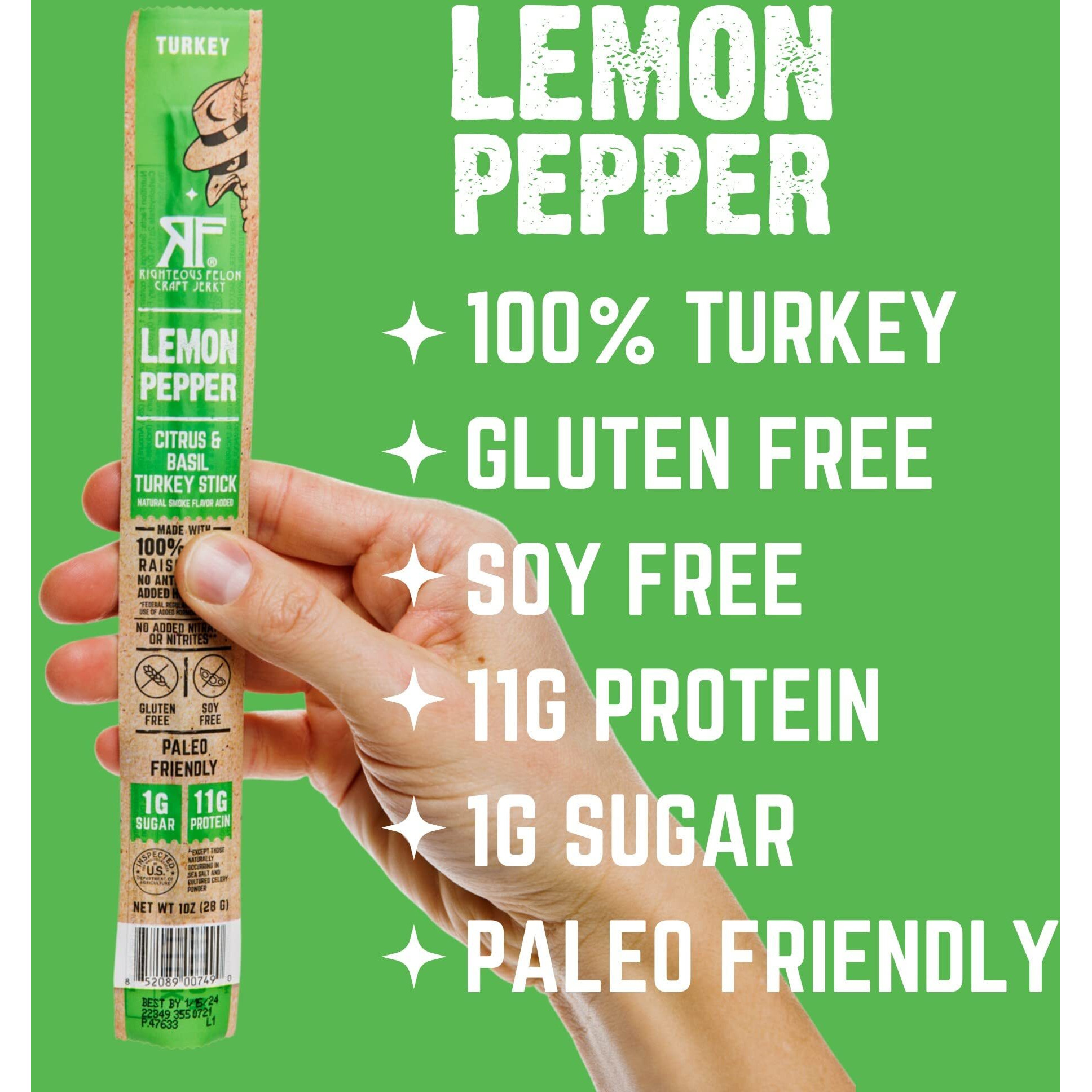 Righteous Felon Meat Sticks | 100% Turkey Sticks | Gluten Free & Keto Meat Sticks | Low Sugar & High Protein Meat Sticks | Healthy Snack For Adults | Jerky Gifts For Men | Lemon Pepper, 24 Pack