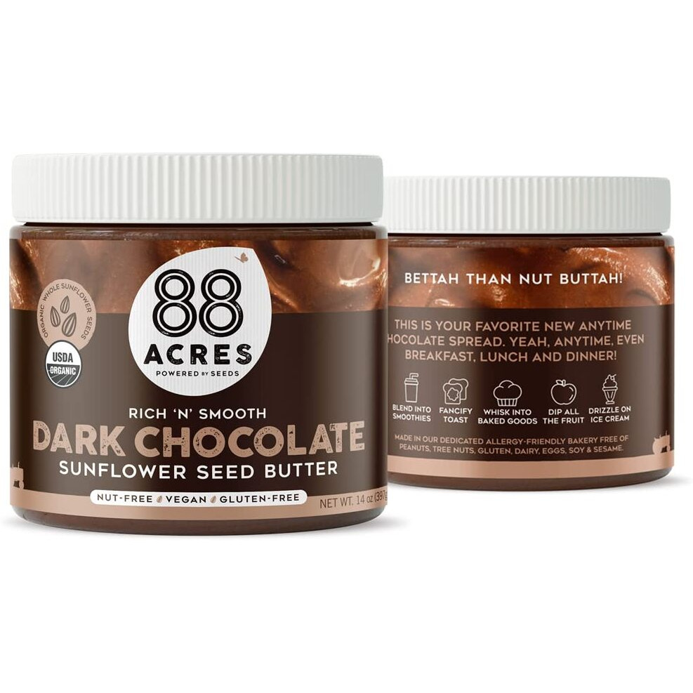 88 Acres Organic Sunflower Seed Butter | Dark Chocolate | Keto-Friendly, Vegan, Gluten Free, Dairy Free, Nut-Free Seed Butter Spread | 14 Oz | 2 Pack