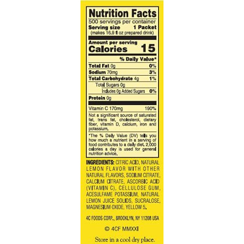 4C Powder Drink Stix, Lemonade 500 Count, Bulk Buy, Singles Stix, On The Go, Refreshing Water Flavorings, Value Pack