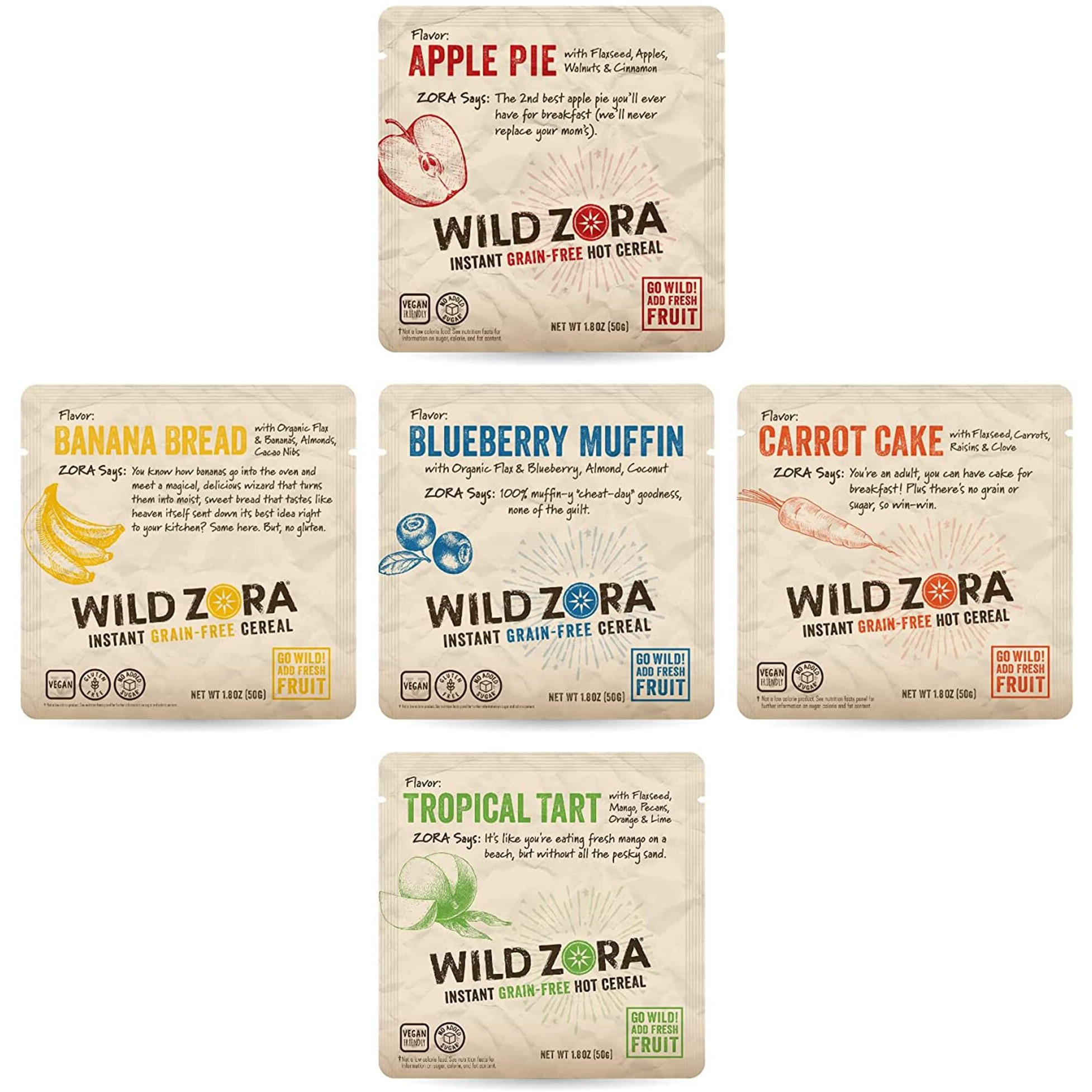 Wild Zora Instant Grain-Free Hot Cereal - Tasty Paleo Friendly Cereals, Instant Hot Meal, Breakfast To Go, Oatmeal Substitute, No Added Sugar, Grain, Dairy, Or Soy, Gluten Free, 5-Pack Variety