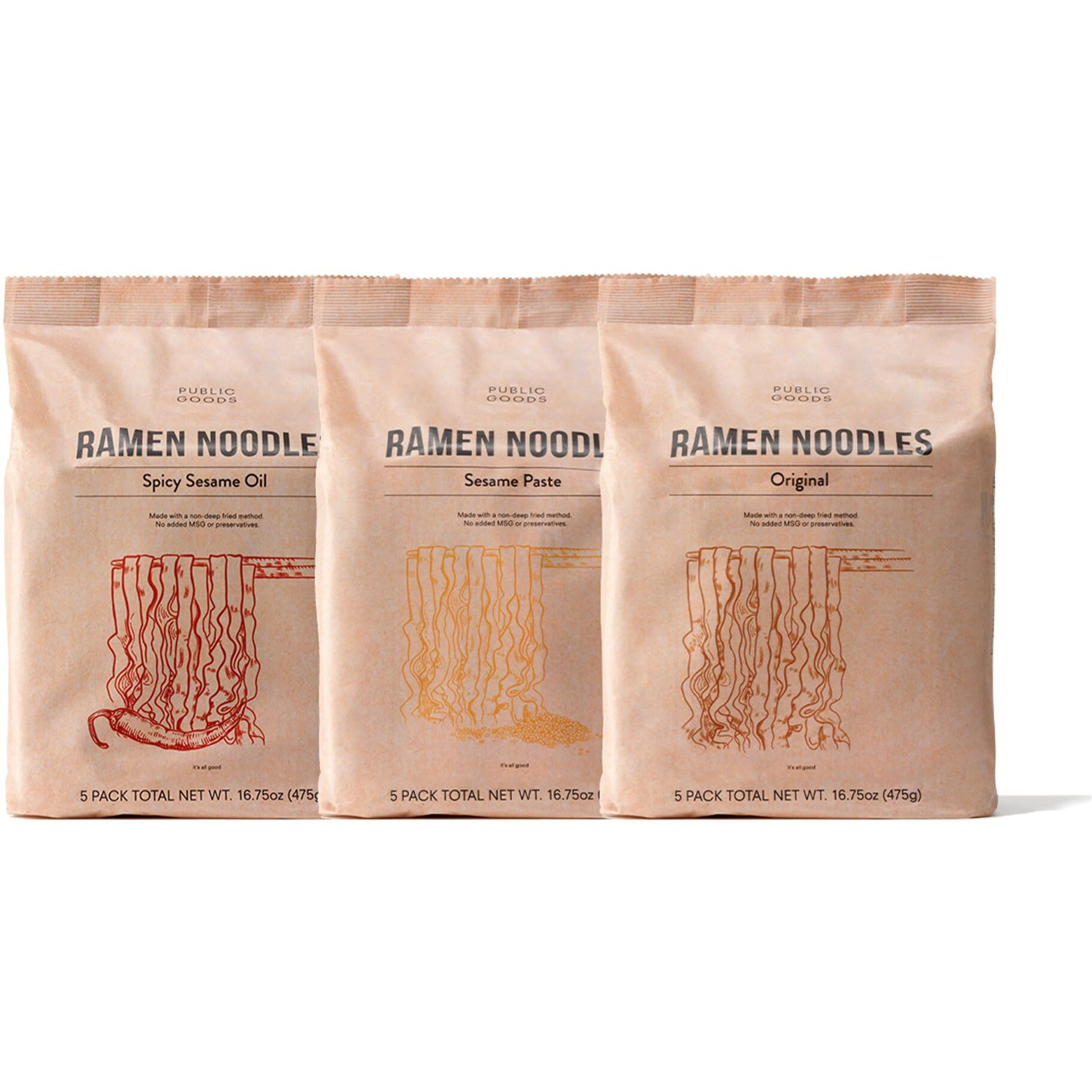 Public Goods Ramen Noodles | Brothless Vegan Noodle | All Natural Ingredients | Preservative Free | No Added Msg | Original, Sesame Paste & Spicy Sesame Oil (15 Pack)