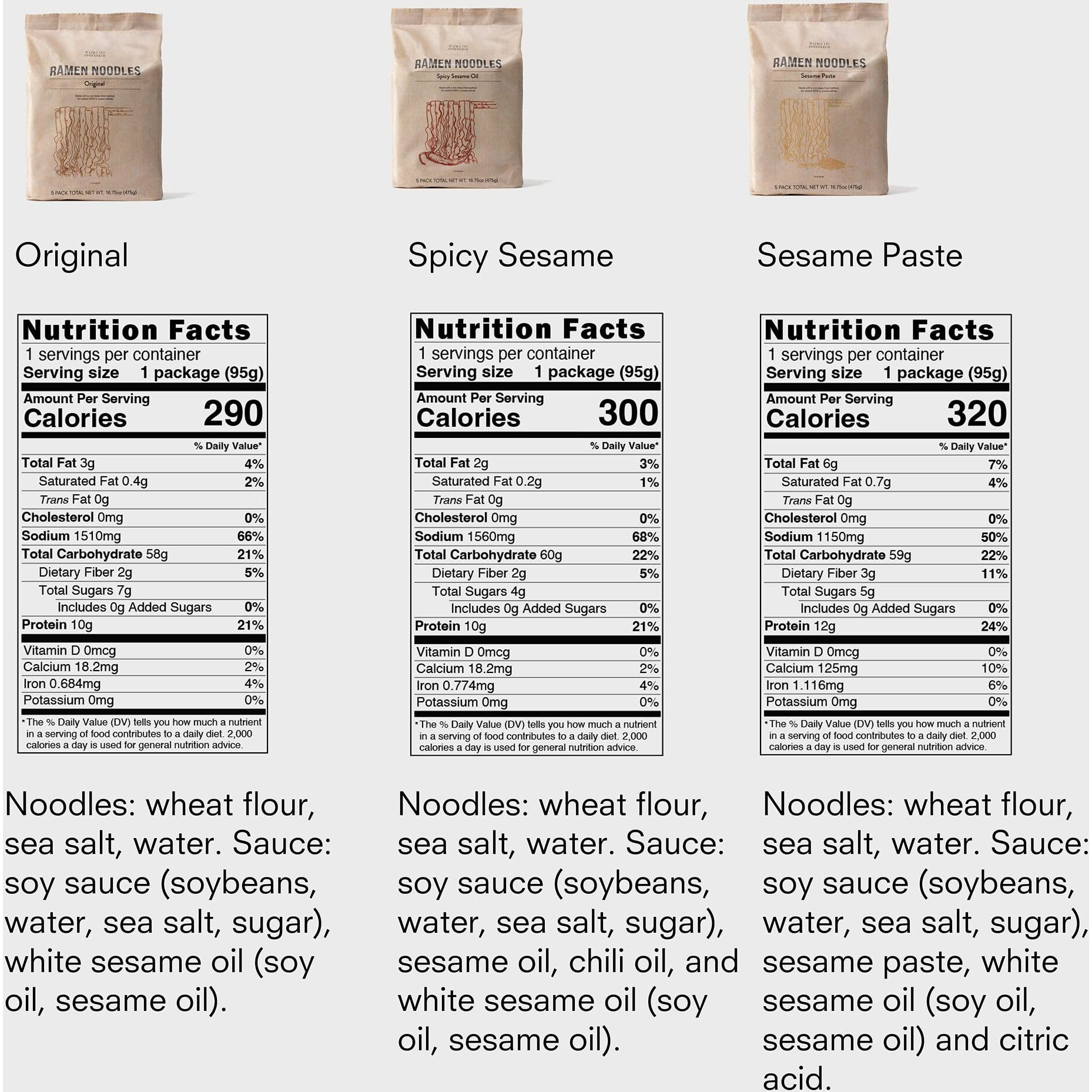 Public Goods Ramen Noodles | Brothless Vegan Noodle | All Natural Ingredients | Preservative Free | No Added Msg | Original, Sesame Paste & Spicy Sesame Oil (15 Pack)