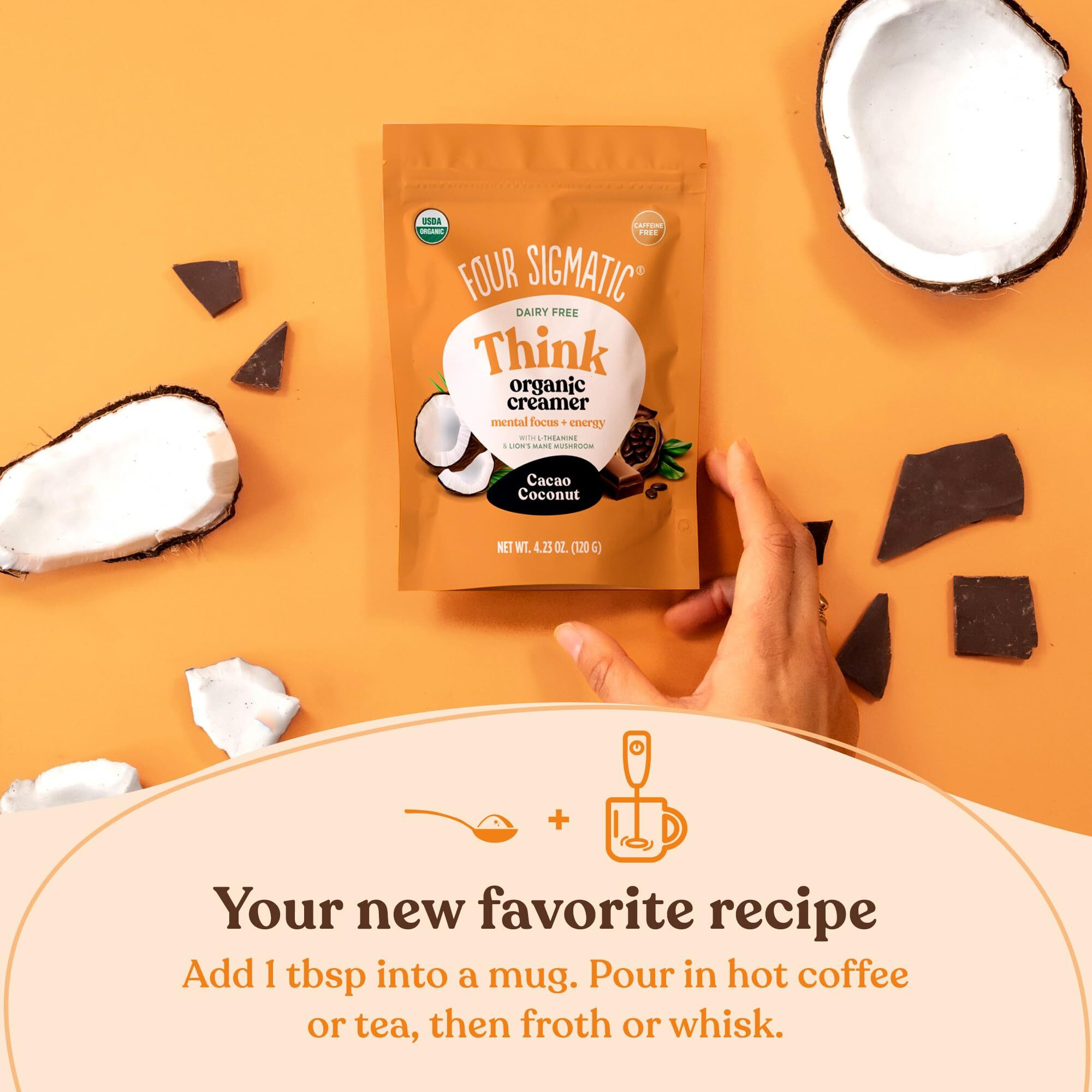 Think Cacao Coconut Coffee Creamer By Four Sigmatic | Chocolate Organic Coffee Creamer With Lions Mane And L-Theanine | Powdered Coconut Creamer | Non Dairy Creamer Powder | 4.23 Oz