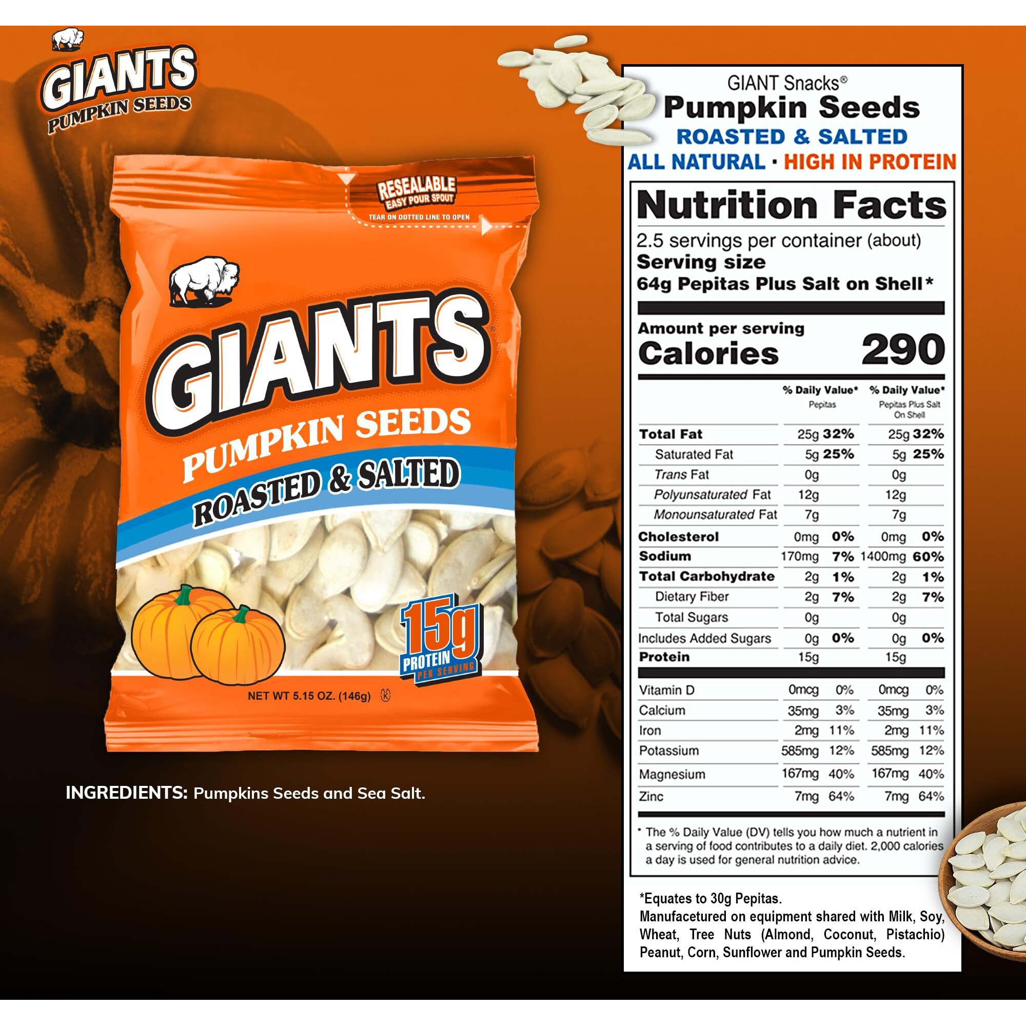 Giants Pumpkin Seeds, Roasted And Salted 5.15 Oz. (Package Of 12)