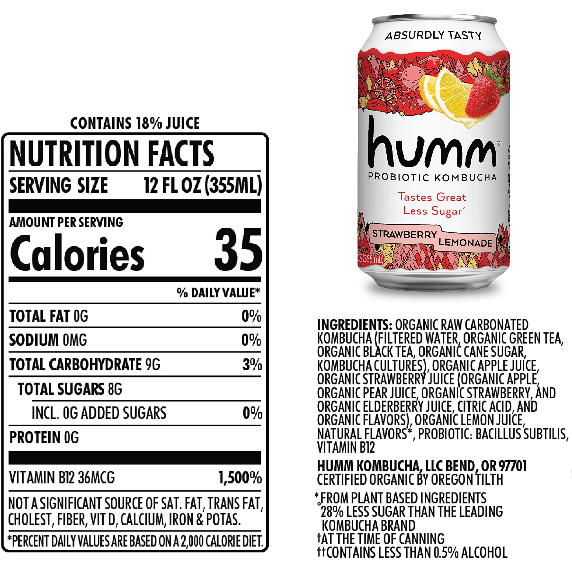 Humm Kombucha Strawberry Lemonade, Organic, Vegan & Gmo Free (12 Pack)