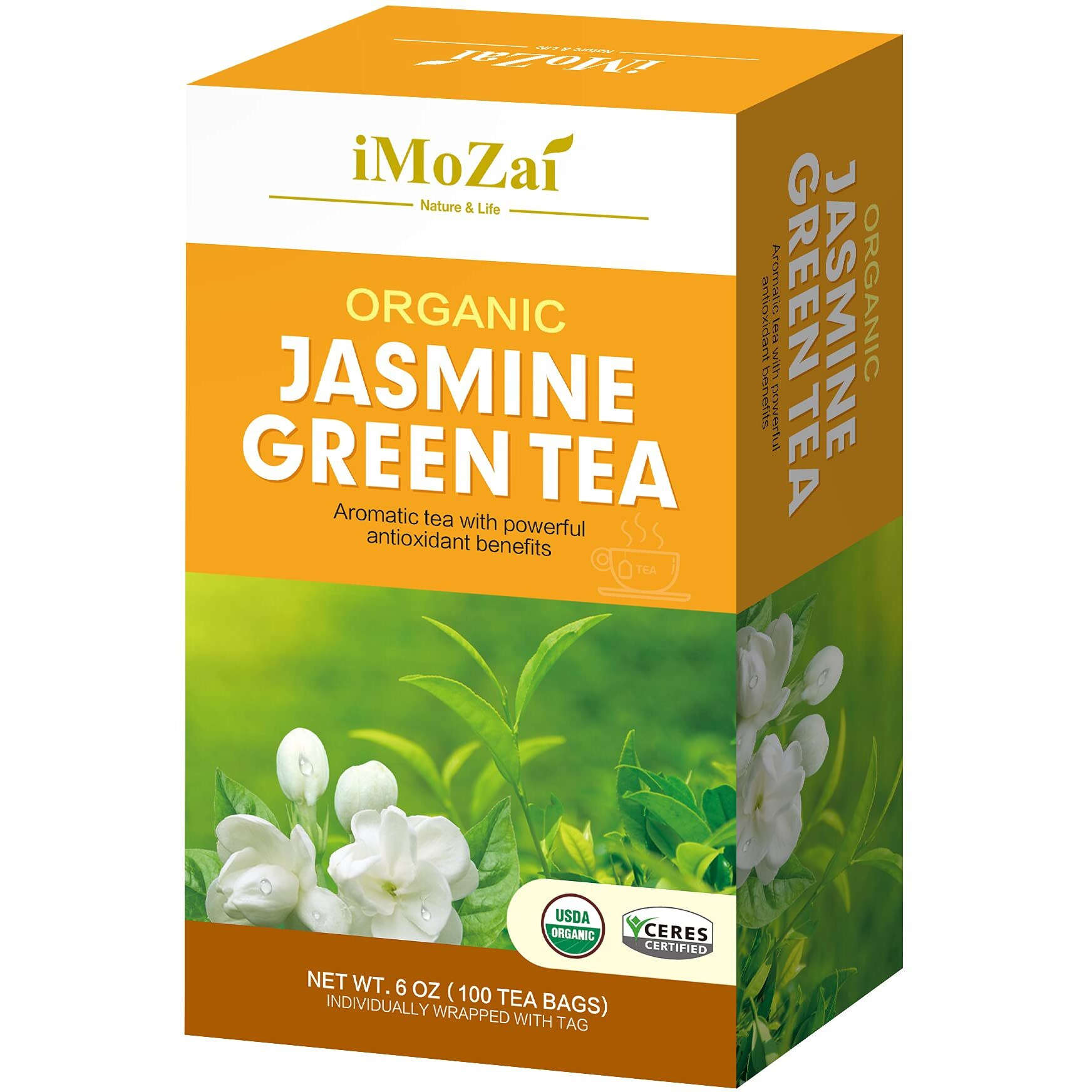 Imozai Organic Jasmine Green Tea Bags 100 Count Individually Wrapped | Lower Caffeine | Floral Aroma & Taste