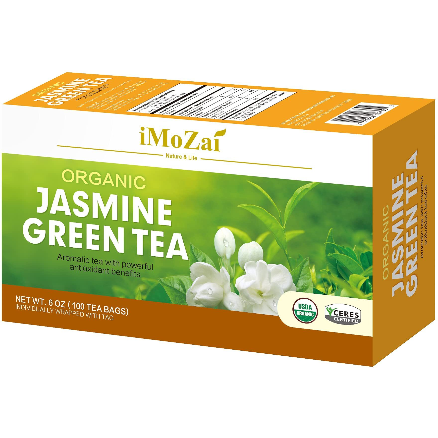 Imozai Organic Jasmine Green Tea Bags 100 Count Individually Wrapped | Lower Caffeine | Floral Aroma & Taste