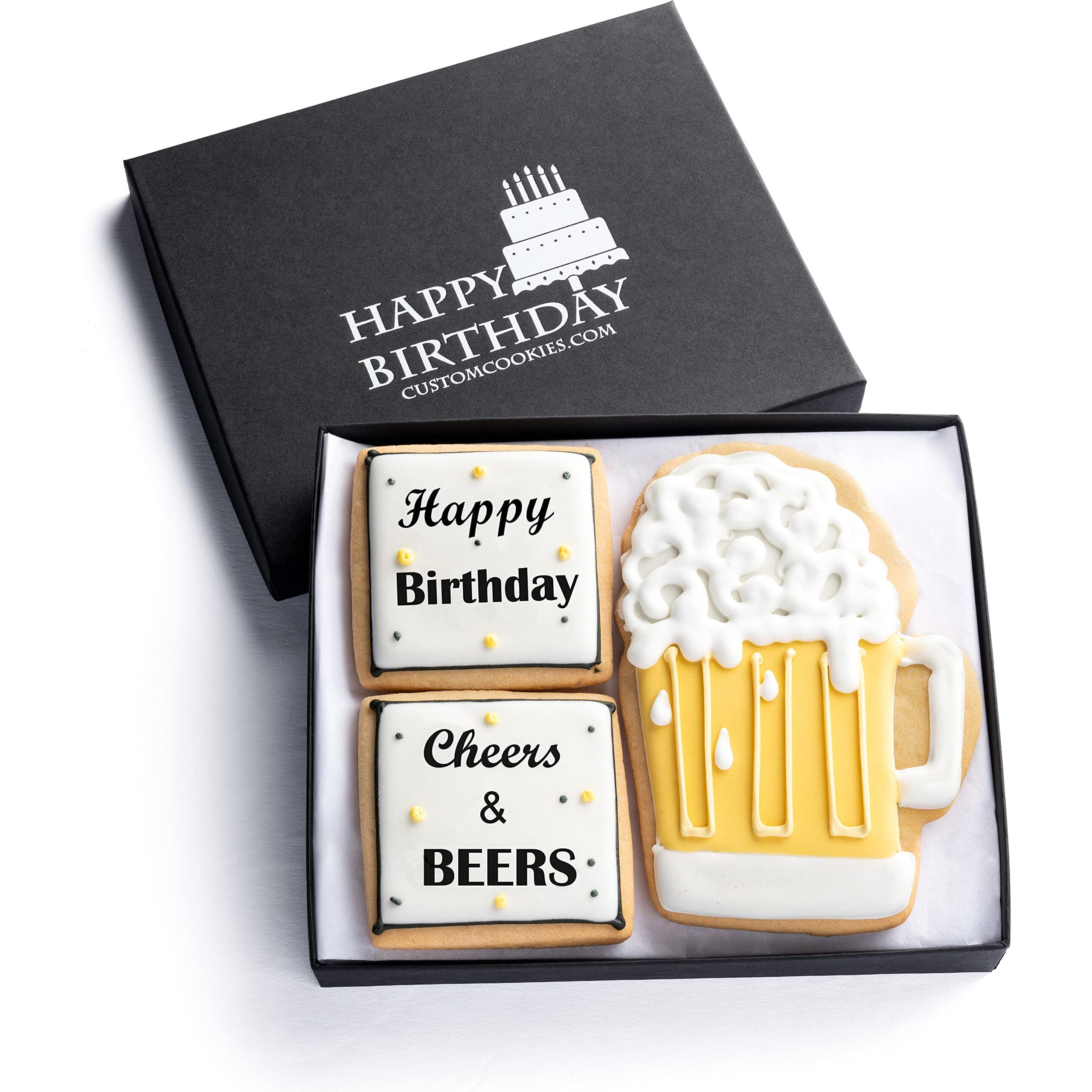 Happy Birthday Gift Basket Custom Sugar Cookies - Happy Birthday Cookies In Gift Box, Delivery By Prime - Hand Decorated Kosher Treats For Men, Him, Husband - Bakery & Dessert Gifts As A Birthday Cake