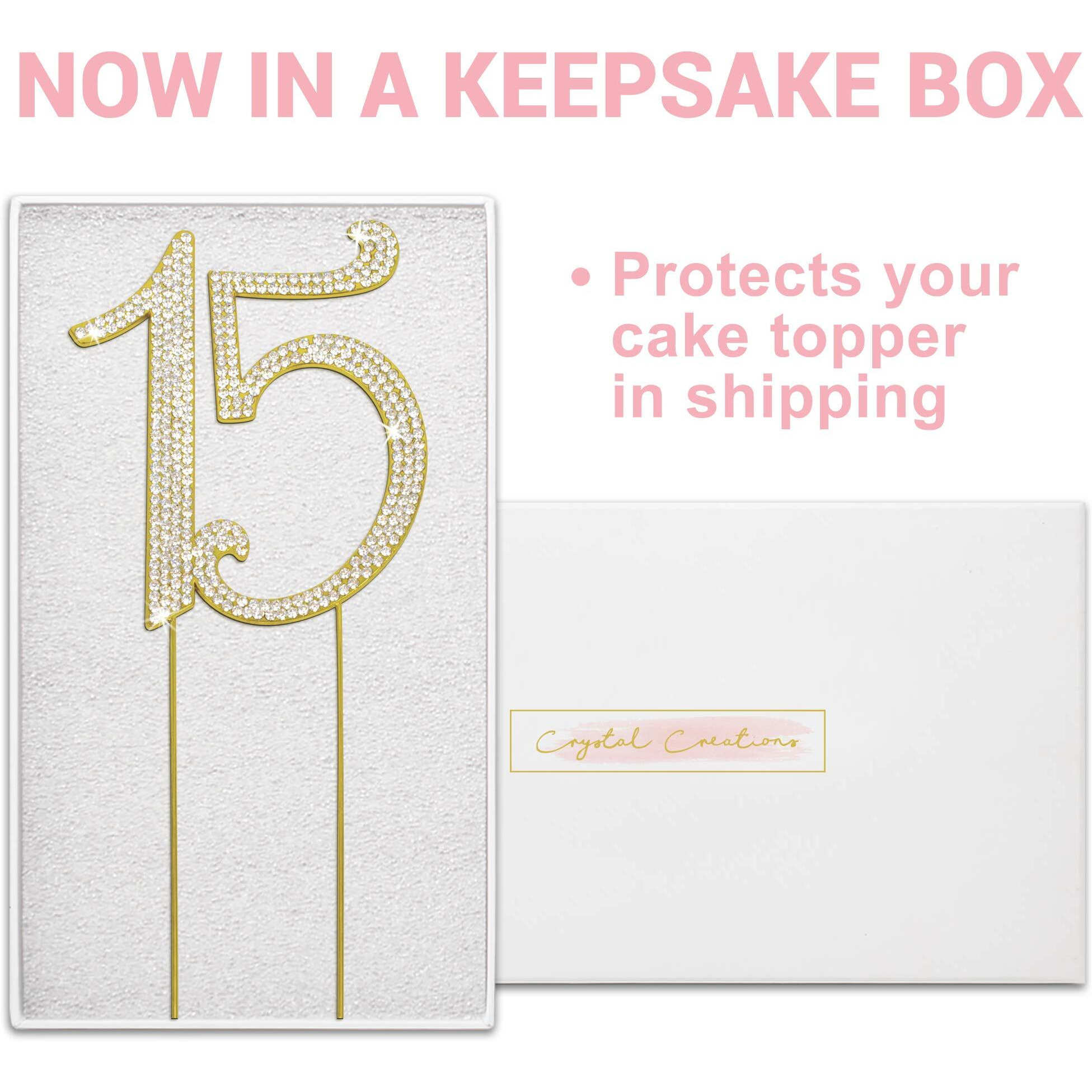 15 Cake Topper - Premium Gold Metal - 15Th Birthday Or Anniversary Party - Sparkly Rhinestone Quinceanera Cake Topper Decoration Makes A Great Centerpiece - Now Protected In A Box