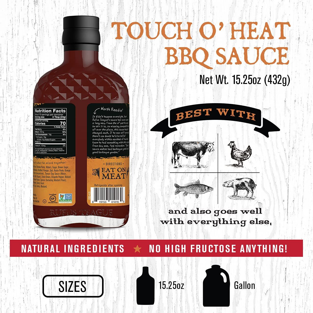 Rufus Teague - Touch O' Heat Bbq Sauce - Premium Barbecue Sauce - 15.25 Oz. Bottles - 2 Pack