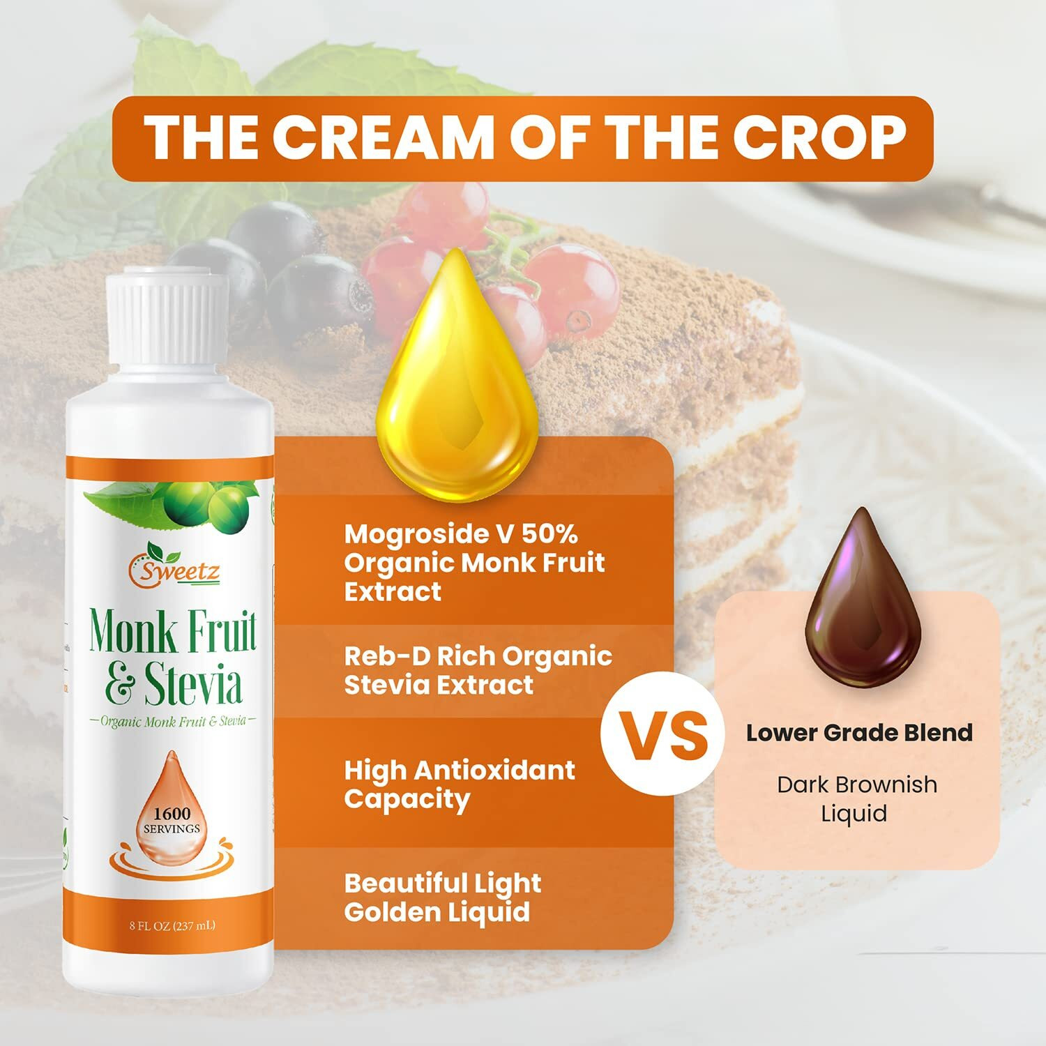 G-Sweetz Monk Fruit & Stevia Liquid Sweetener Drops - Natural Sweeteners & Sugar Alternatives - Delicious Blend With No Bitter Aftertaste - Concentrated Sweetener Liquid Drops Extract - 8 Fl Oz (1600 Servings)