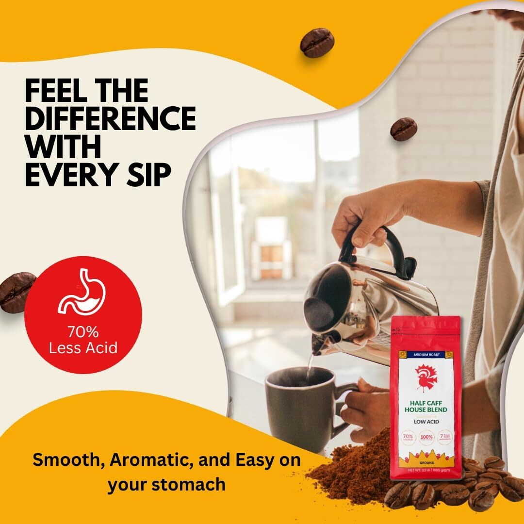 Puroast Low Acid Ground Coffee, Premium Half Caff House Blend, High Antioxidant, 2.5 Pound Bag