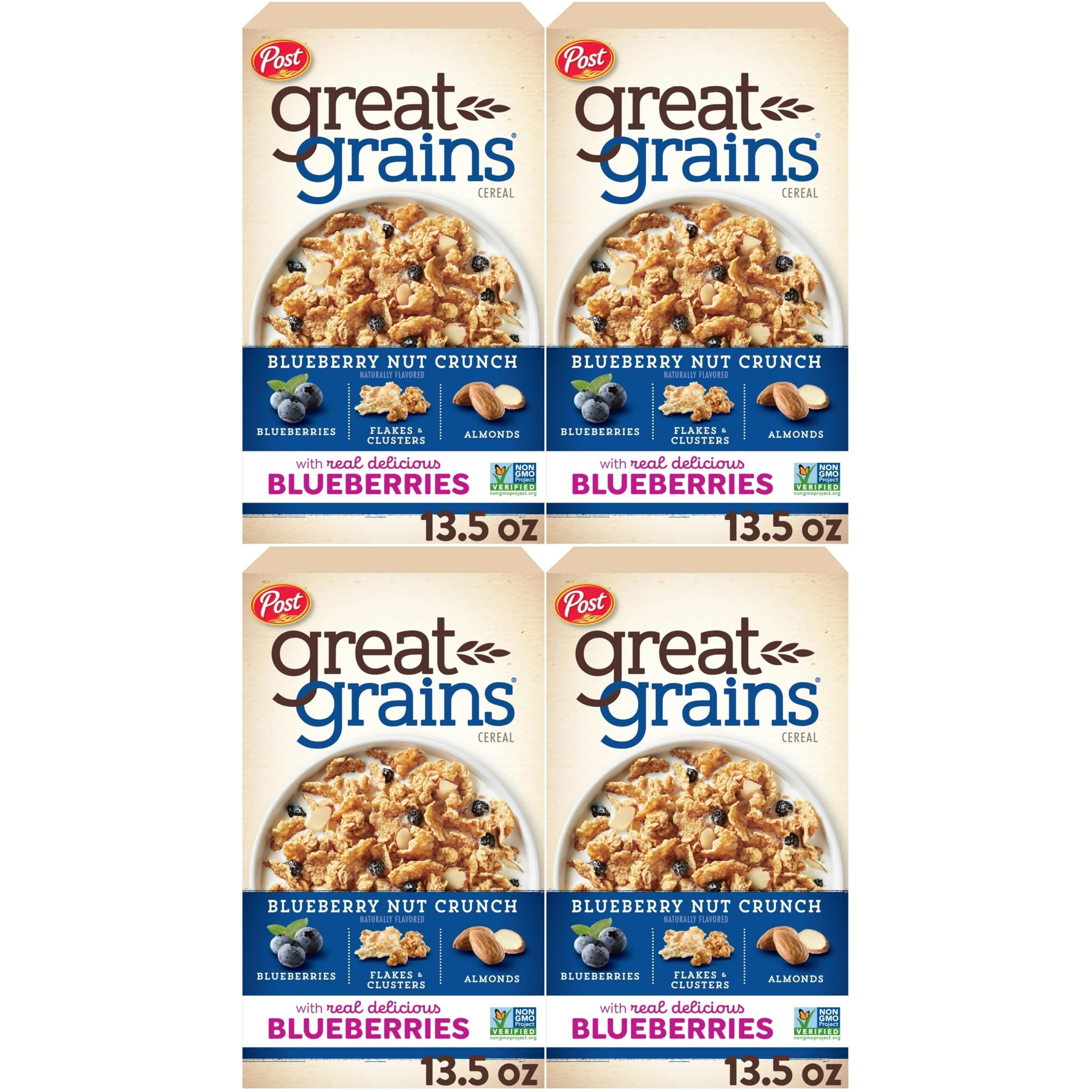 Post Great Grains Blueberry Morning Breakfast Cereal, Non Gmo Project Verified, Heart Healthy, Low Fat, Whole Grain Cereal 13.5 Ounce (Pack Of 4)