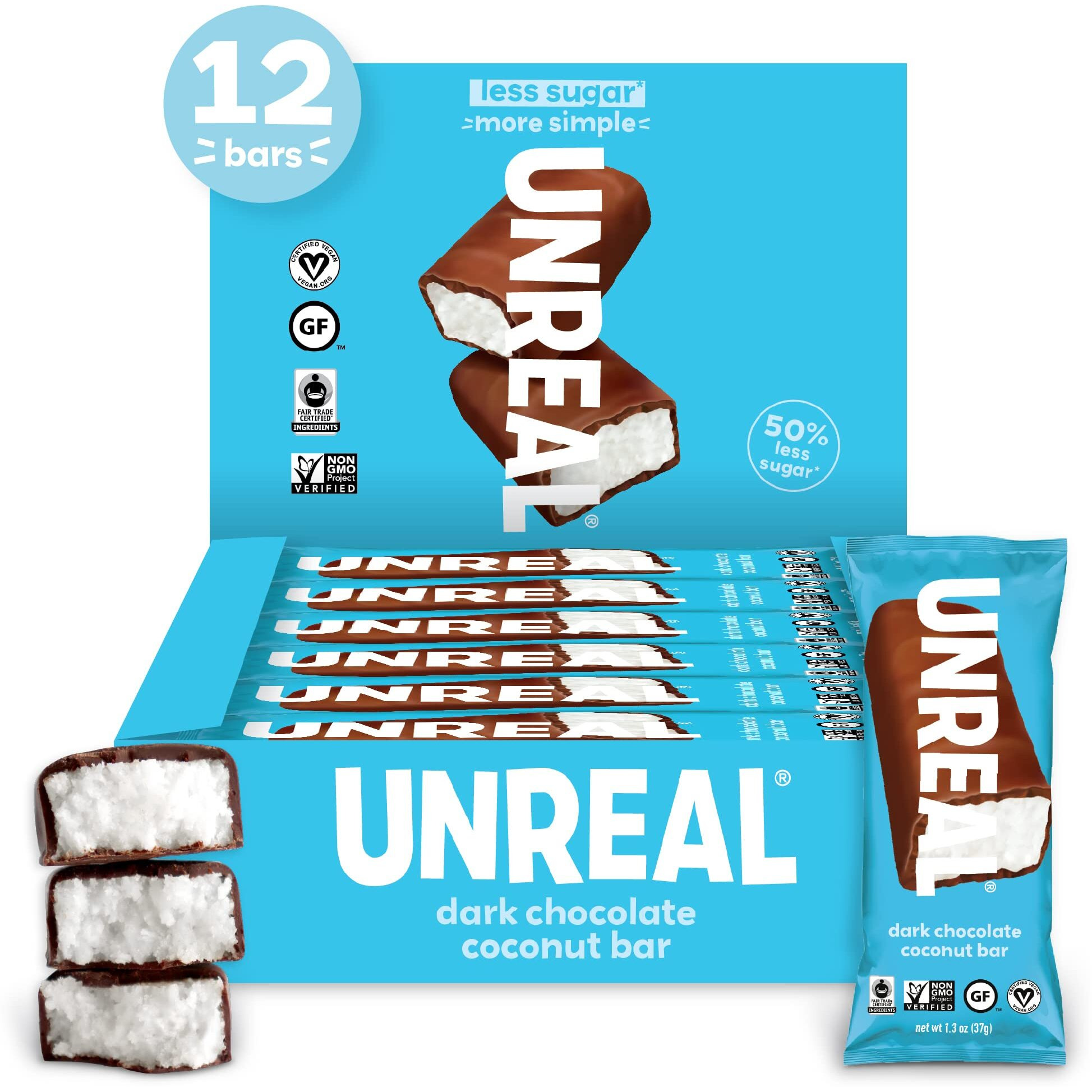 Unreal Dark Chocolate Coconut Bars | Certified Vegan, Gluten Free, Fair Trade, Non-Gmo | No Sugar Alcohols Or Soy 1.3 Oz (Pack Of 12)