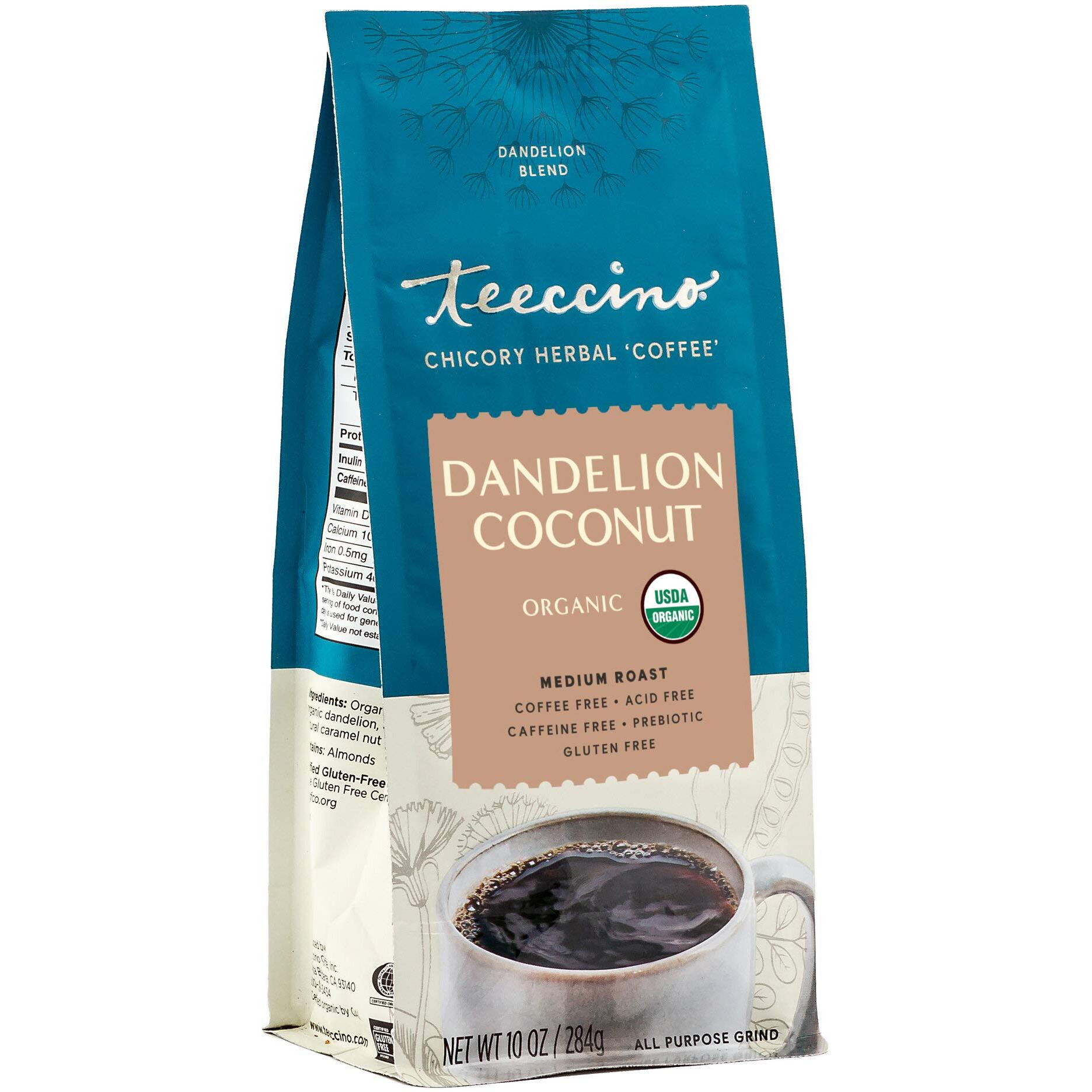 Teeccino Dandelion Coconut Herbal Coffee - Caffeine-Free Coffee Alternative With Prebiotics, Gluten Free, Acid Free - Medium Roast, 10 Oz