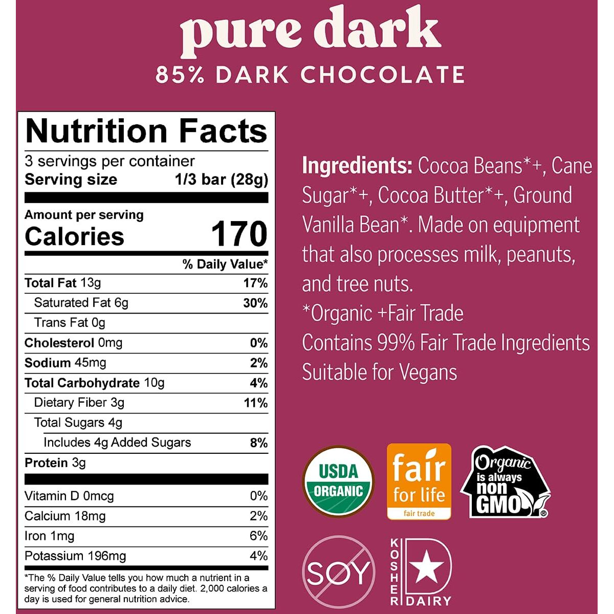 Theo Chocolate Pure Organic Dark Chocolate Bar 85% Cacao, 6 Pack | Vegan, Fair Trade