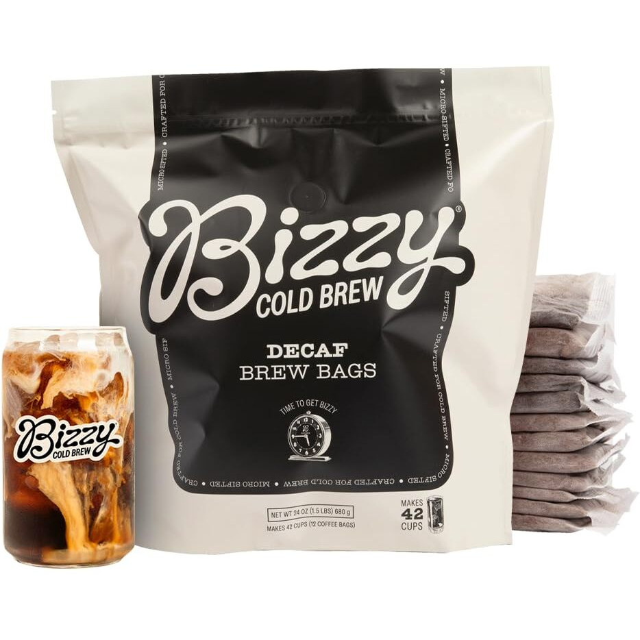 Bizzy Cold Brew Coffee | Decaf Blend | Water Process | Coarse Ground Coffee | Micro Sifted | Specialty Grade | 100% Arabica | Brew Bags | 12 Count | Makes 42 Cups