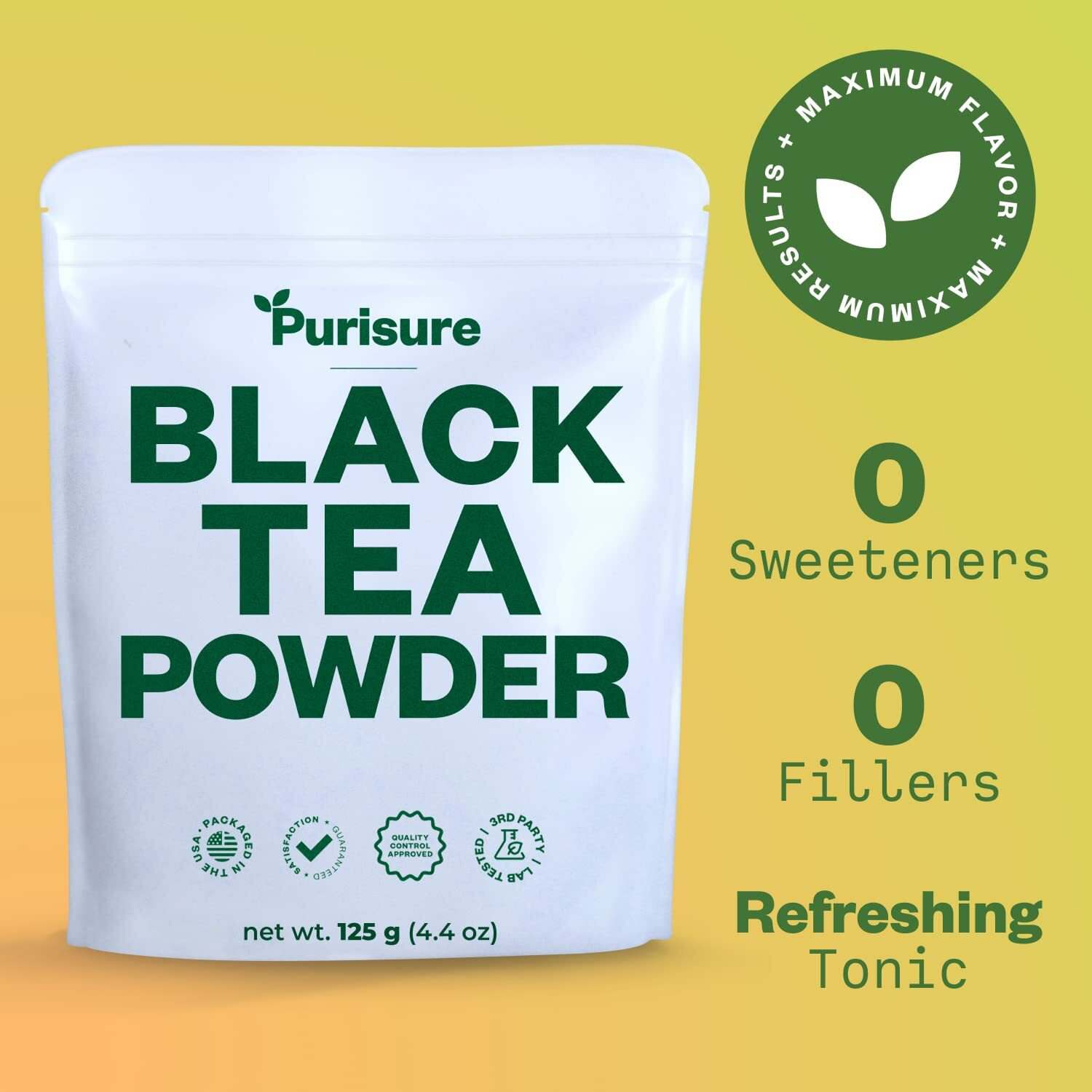Purisure Instant Black Tea Powder, 125G, Pure Formula, Quick Dissolve For Hot/Cold Tea, Unsweetened Instant Tea Powder For Beverages, Baking, Energy & Health Boost, No Additives, Non-Gmo, 125 Servings