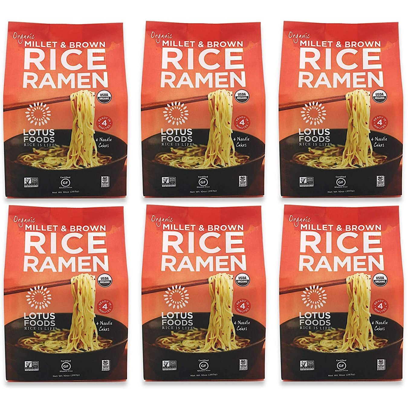 Lotus Foods Organic Millet & Brown Rice Ramen - Gluten Free Rice Ramen, Whole Grain Ramen Noodles, Low Sodium Rice Noodles, Usda Organic, Gluten Free, Vegan - 10 Oz Bags (Pack Of 6)