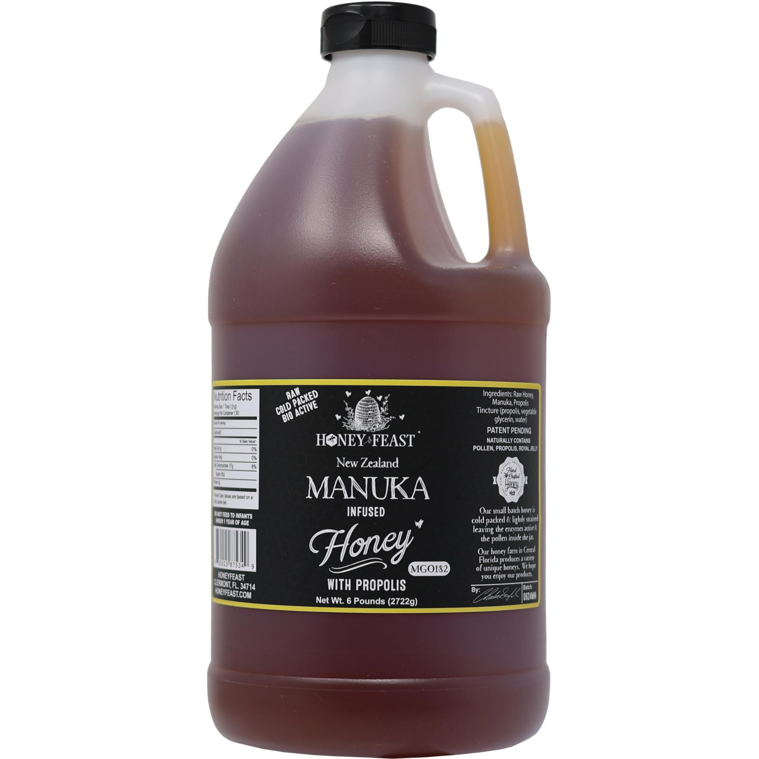 Honey Feast Propolis Infused Raw Manuka Honey | New Zealand Manuka Honey Blend With Propolis | Bulk Honey | Mgo182 | Patent Pending Formula | 6Lb Jar