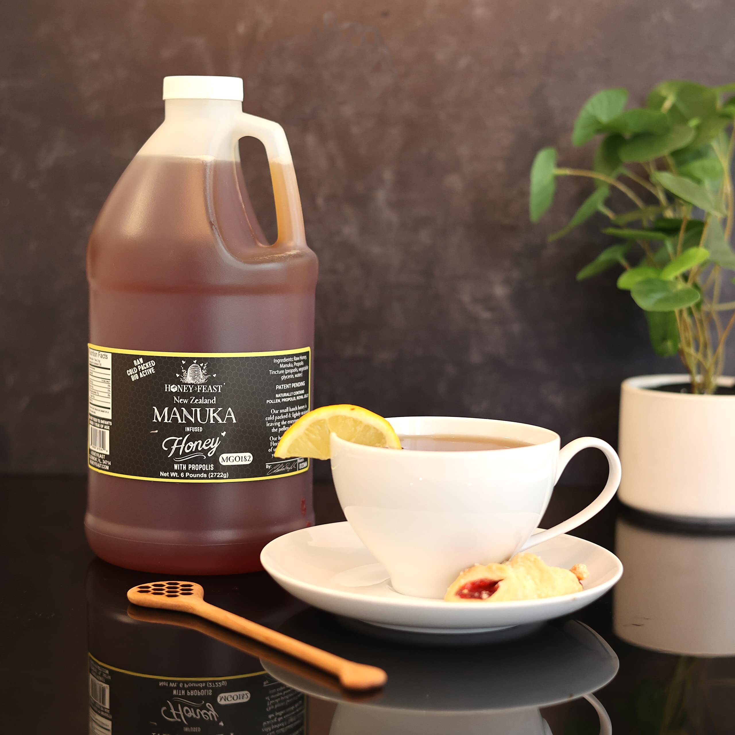 Honey Feast Propolis Infused Raw Manuka Honey | New Zealand Manuka Honey Blend With Propolis | Bulk Honey | Mgo182 | Patent Pending Formula | 6Lb Jar