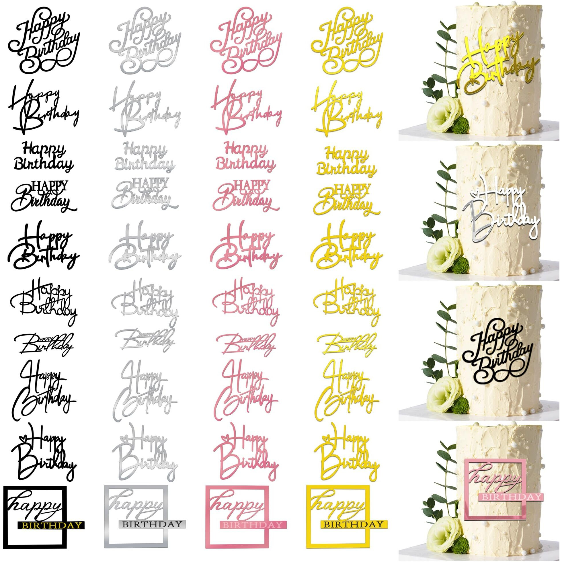 40 Pcs Happy Birthday Cake Toppers Mirror Acrylic Cake Topper Side Cake Decorations Cake Inserts Cake Decorating Supplies Cupcake Toppers For Birthday Party Cake Desserts Pastries 10 Styles 4 Colors