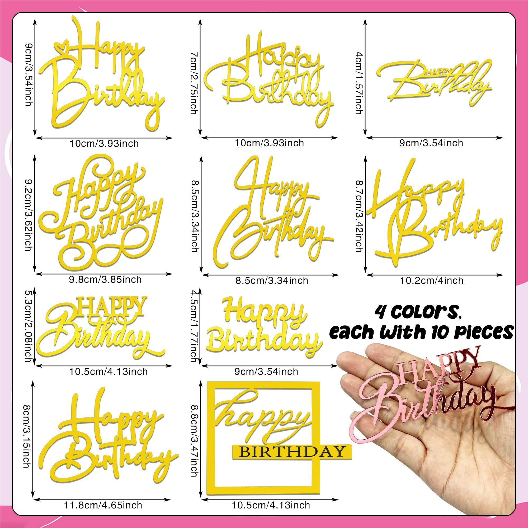 40 Pcs Happy Birthday Cake Toppers Mirror Acrylic Cake Topper Side Cake Decorations Cake Inserts Cake Decorating Supplies Cupcake Toppers For Birthday Party Cake Desserts Pastries 10 Styles 4 Colors