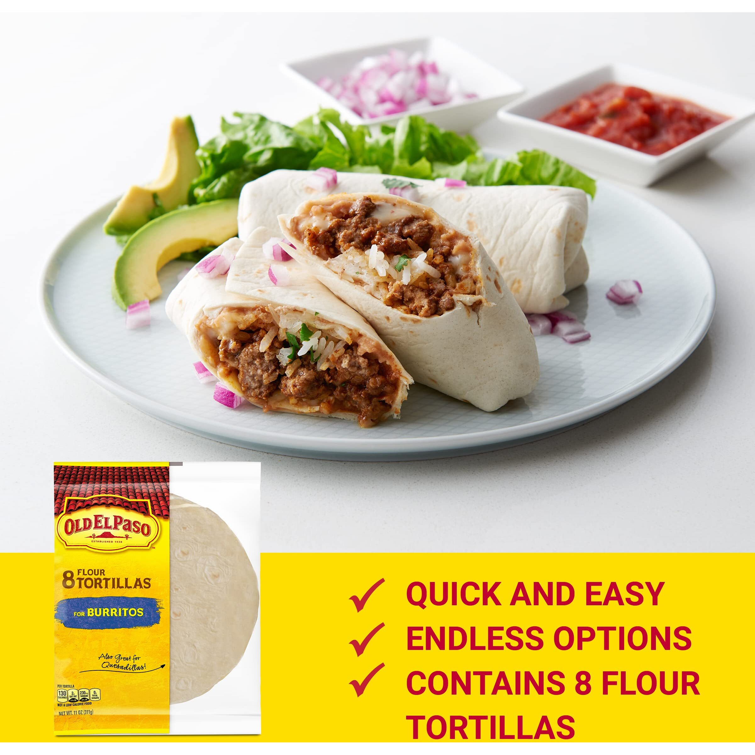 Old El Paso Flour Tortillas, For Burritos, 8 Ct., 11 Oz. (Pack Of 6)