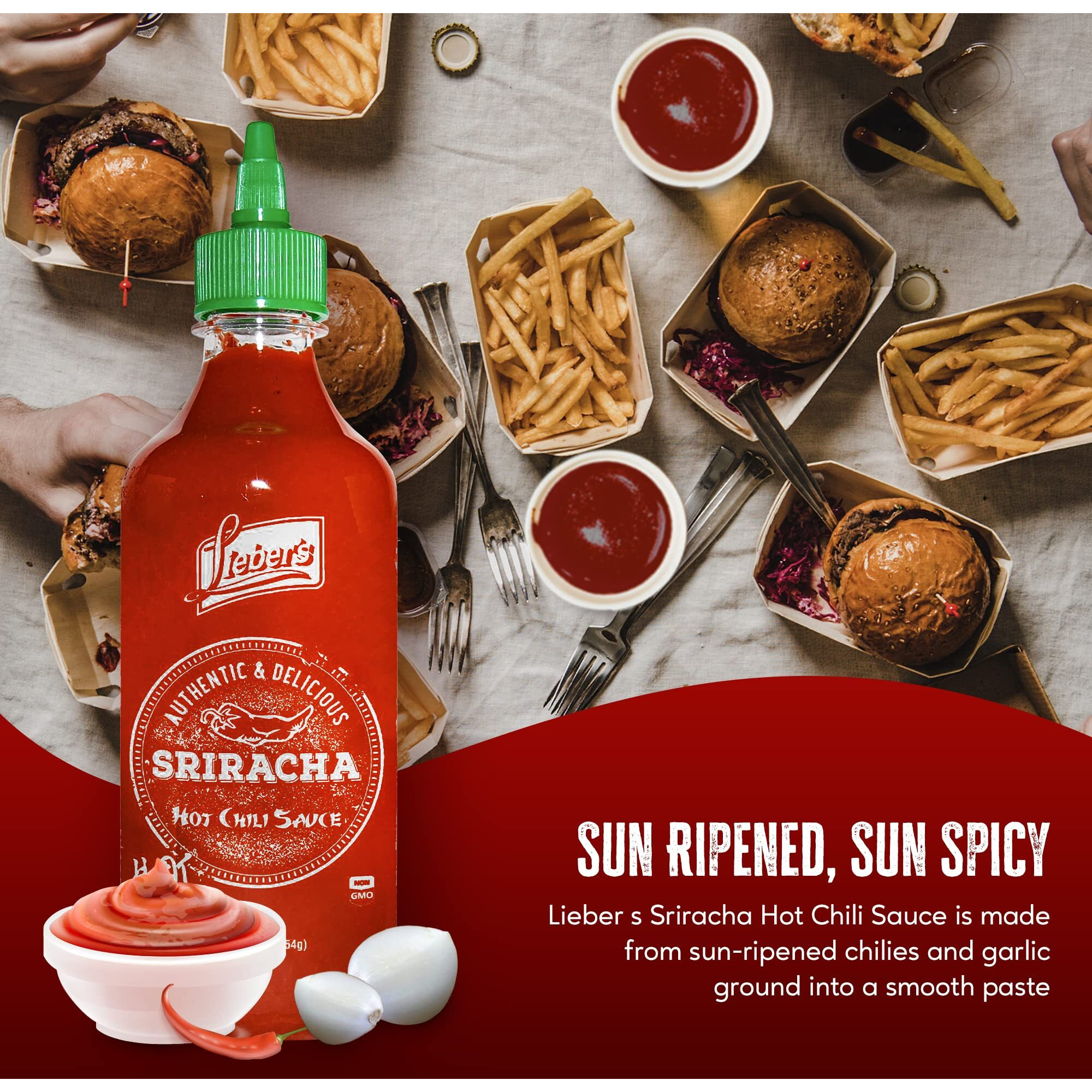 Lieber's Sriracha Hot Chili Sauce, Authentic And Delicious, Non-Gmo, No Msg, Gluten-Free, Cholesterol-Free, And Vegan, Net Wt. 1 Lb (454G)