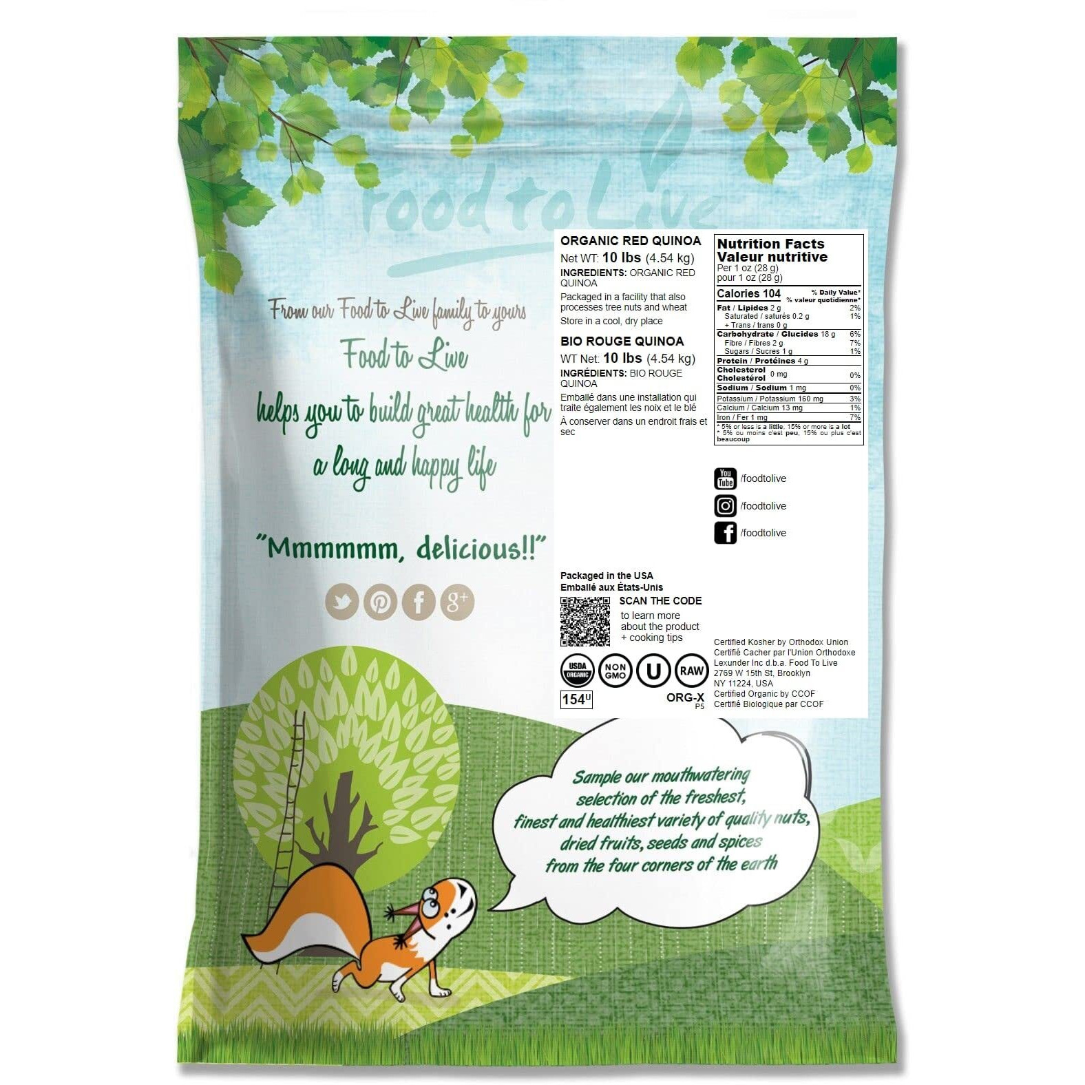 Food To Live - Organic Red Quinoa, 10 Pounds Non-Gmo, Whole Grain, Kosher, Vegan, Sirtfood, Bulk. Rich In Essential Amino Acids, Protein. Quick-Cooking Grain. Great Replacement For Rice, Pastas.
