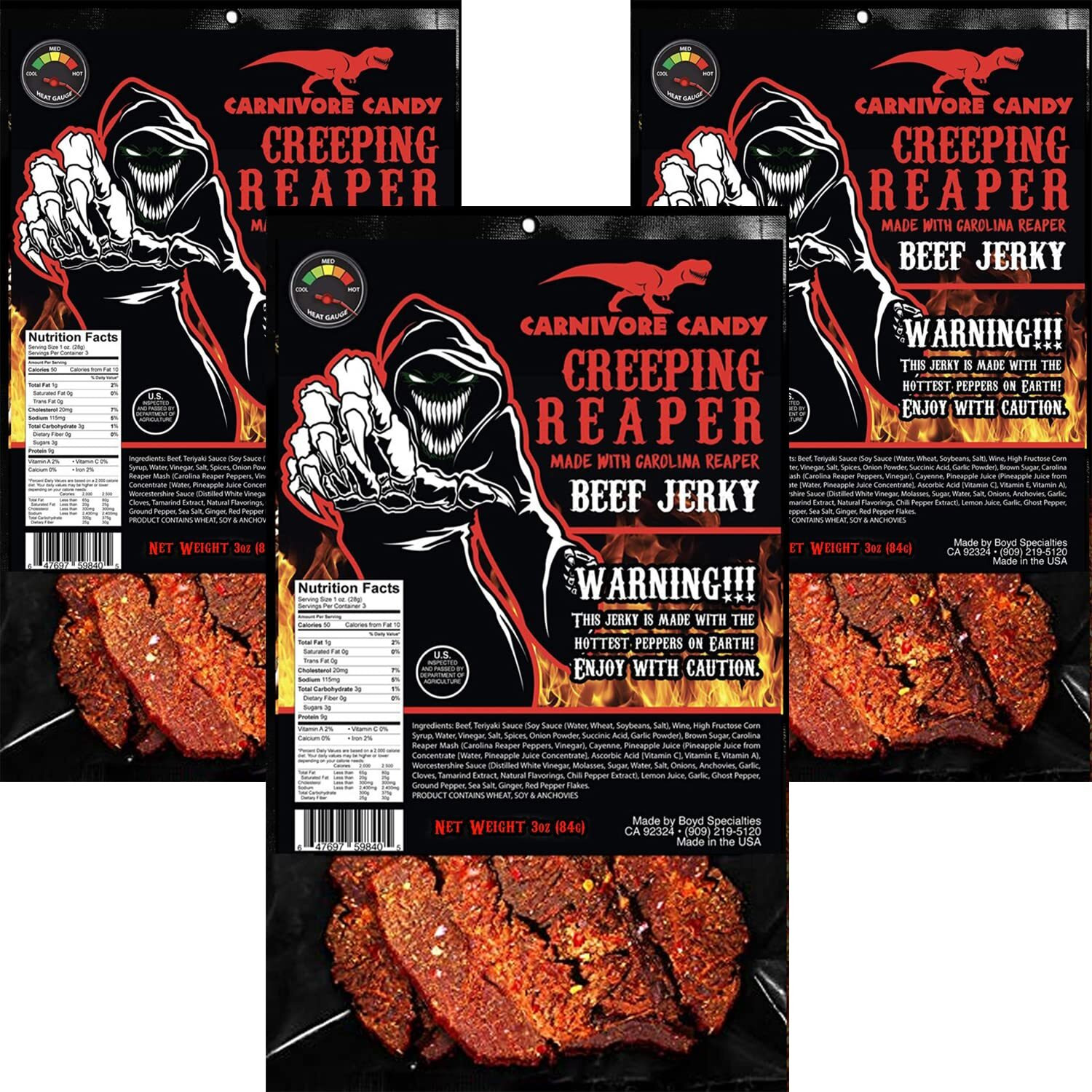Creeping Ghost    Carolina Reaper Jerky Beef Three - 3Oz Bags The Reaper Is The Hottest Pepper In The World Sweet With Heat