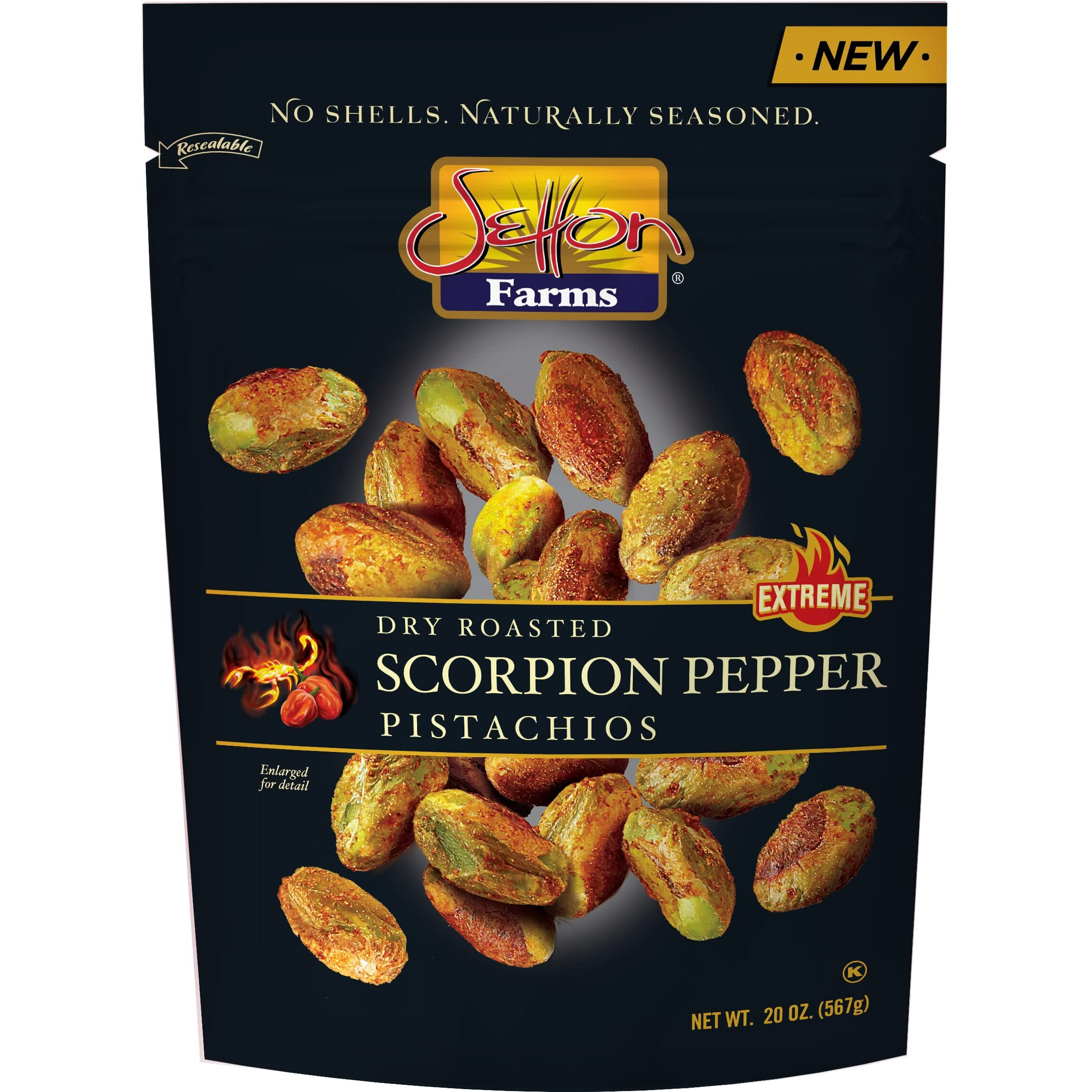 Setton Farms Pistachios, Scorpion Pepper Extreme Flavor Pistachios Value Bag, Naturally Seasoned, Dry Roasted No Shell Pistachios, Non-Gmo Project Verified, Gluten Free, Vegan, Kosher, 20 Oz