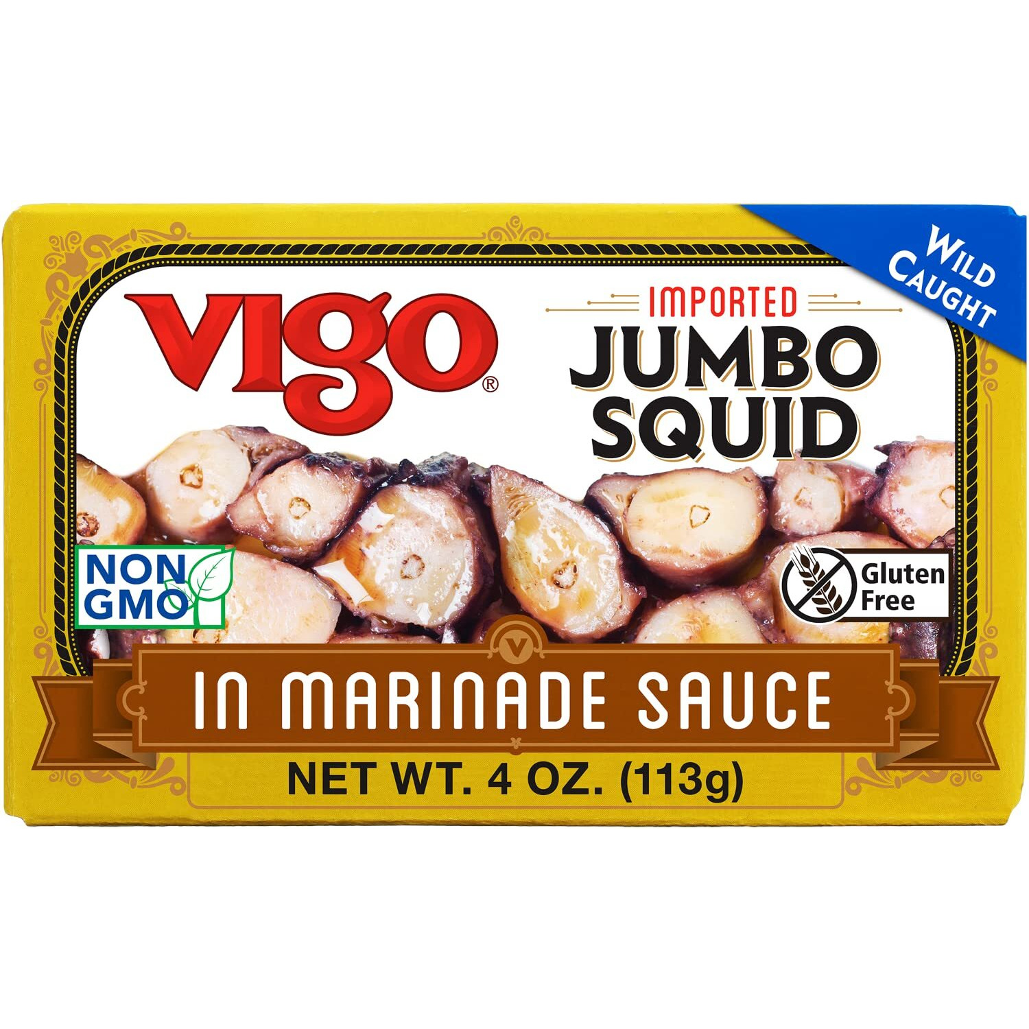 Vigo Premium Imported Canned Seafood, Jumbo Squid In Marinade Sauce, Specialty Flavored, Perfect For Recipes And Dishes (Jumbo Squid In Marinade Sauce, 4 Ounce (Pack Of 10))