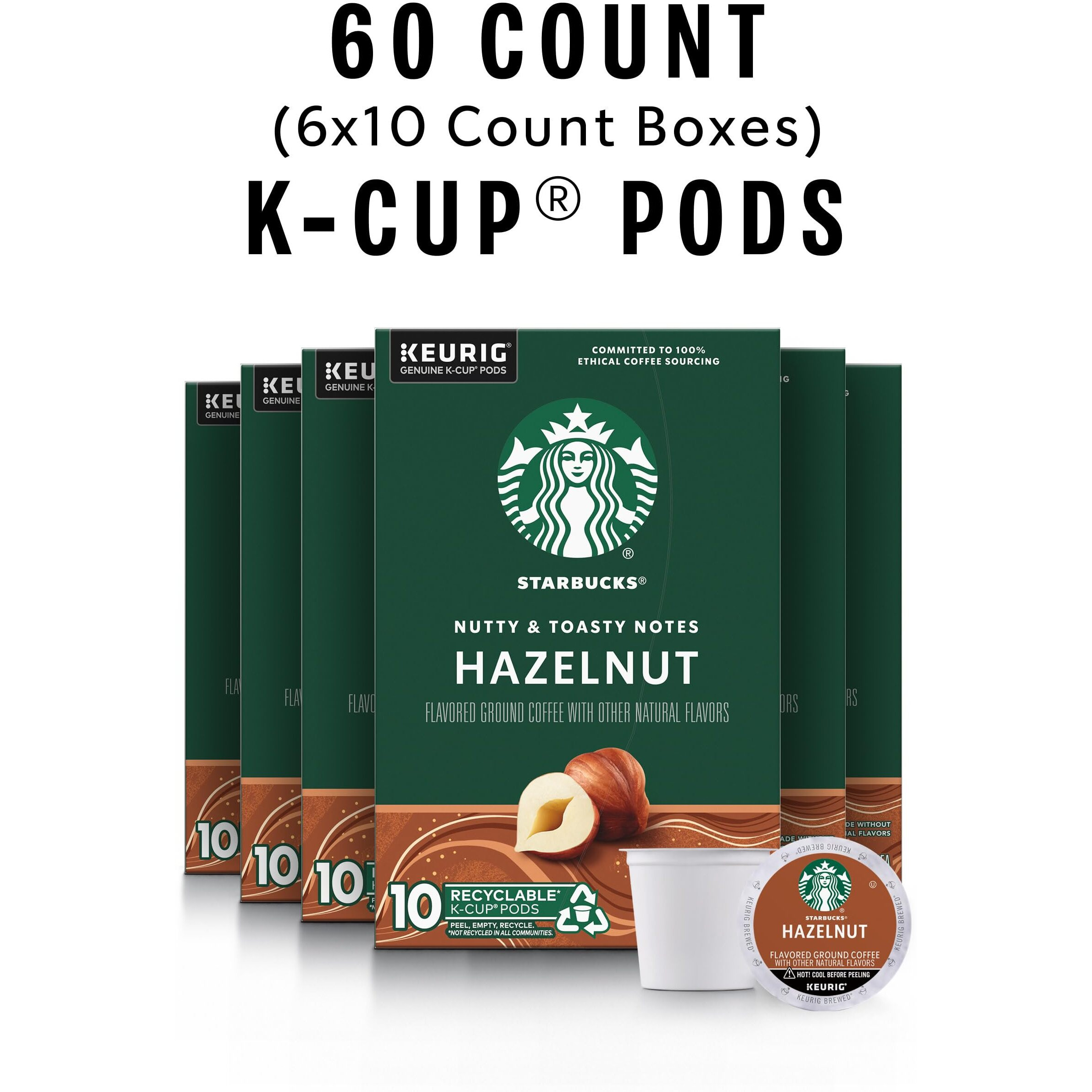 Starbucks K-Cup Coffee Pods, Hazelnut Flavored Coffee, Naturally Flavored, 100% Arabica, 6 Boxes (60 Pods Total)
