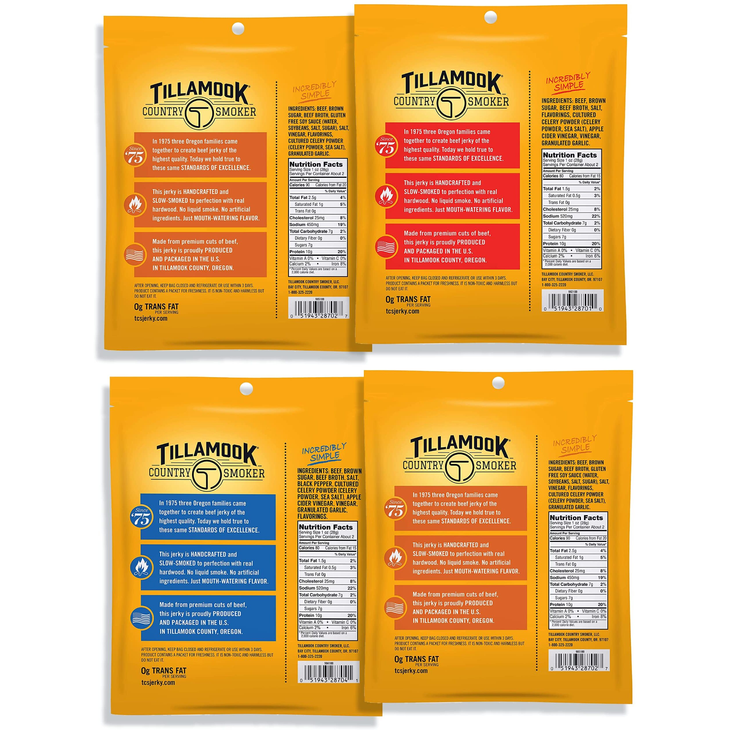 Tillamook Country Smoker Real Hardwood Smoked Beef Jerky Variety Pack, 2.5 Ounce (Pack Of 4)