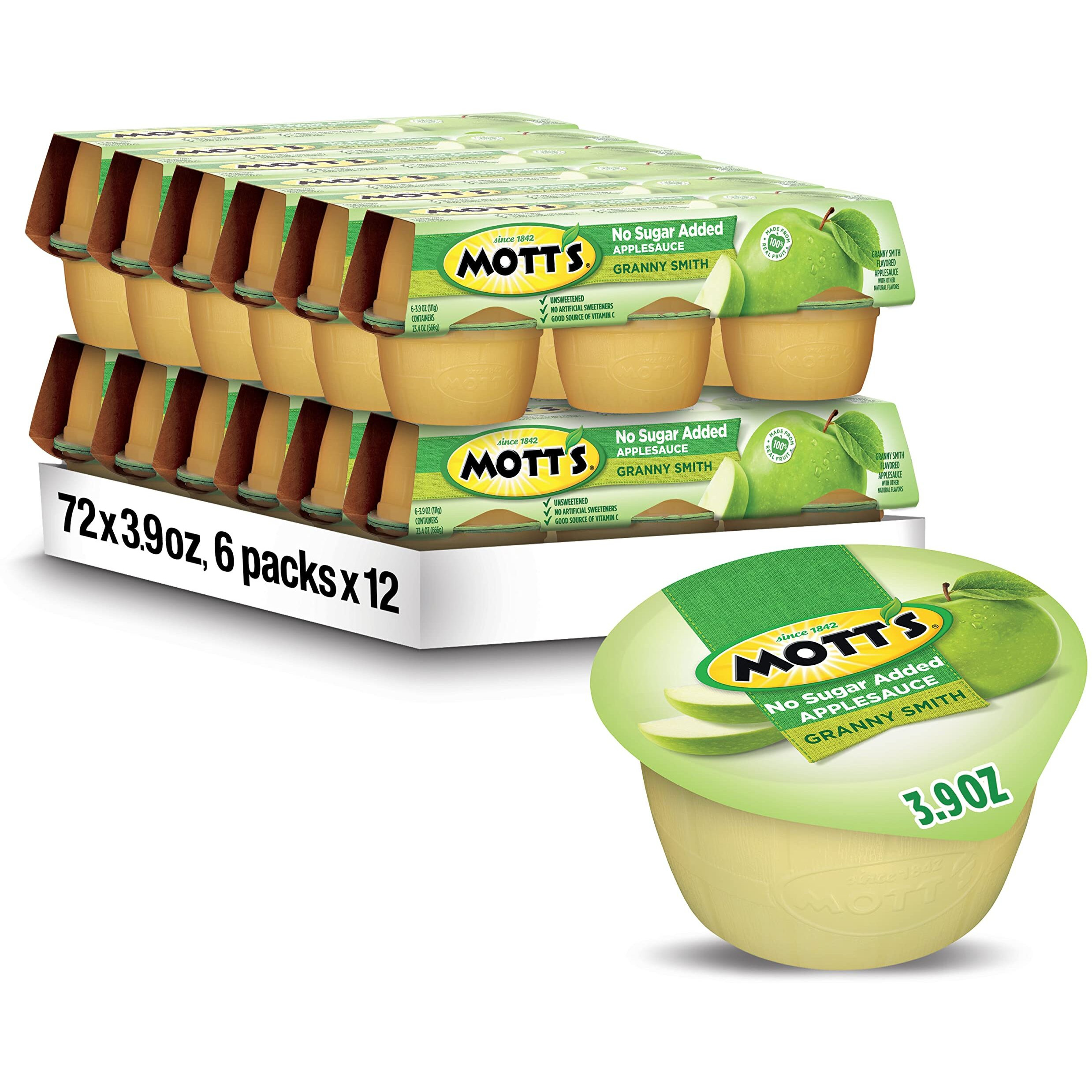 Mott's No Sugar Added Granny Smith Applesauce, 3.9 Oz Cups, 72 Count (12 Packs Of 6), Good Source Of Vitamin C, No Artificial Flavors