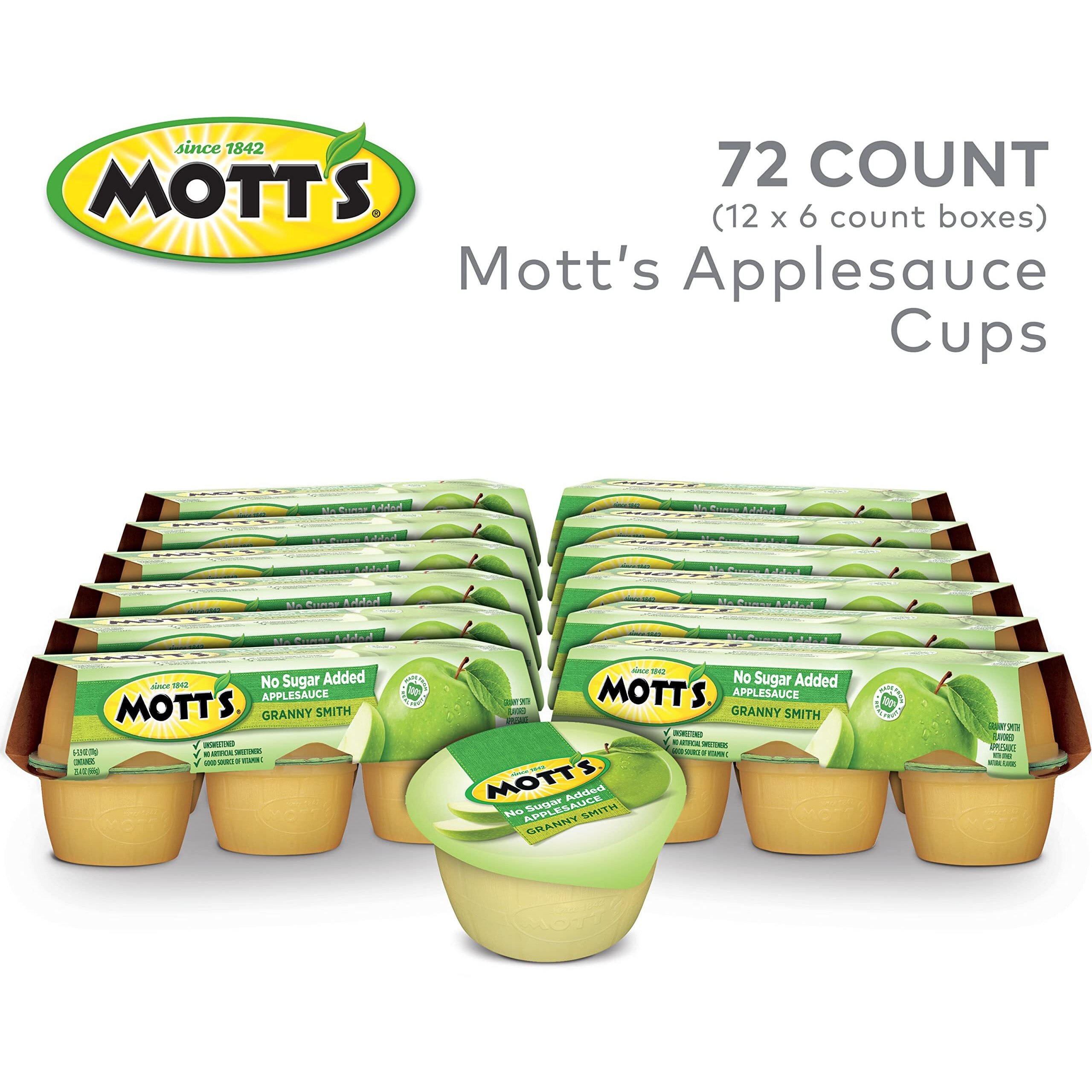 Mott's No Sugar Added Granny Smith Applesauce, 3.9 Oz Cups, 72 Count (12 Packs Of 6), Good Source Of Vitamin C, No Artificial Flavors