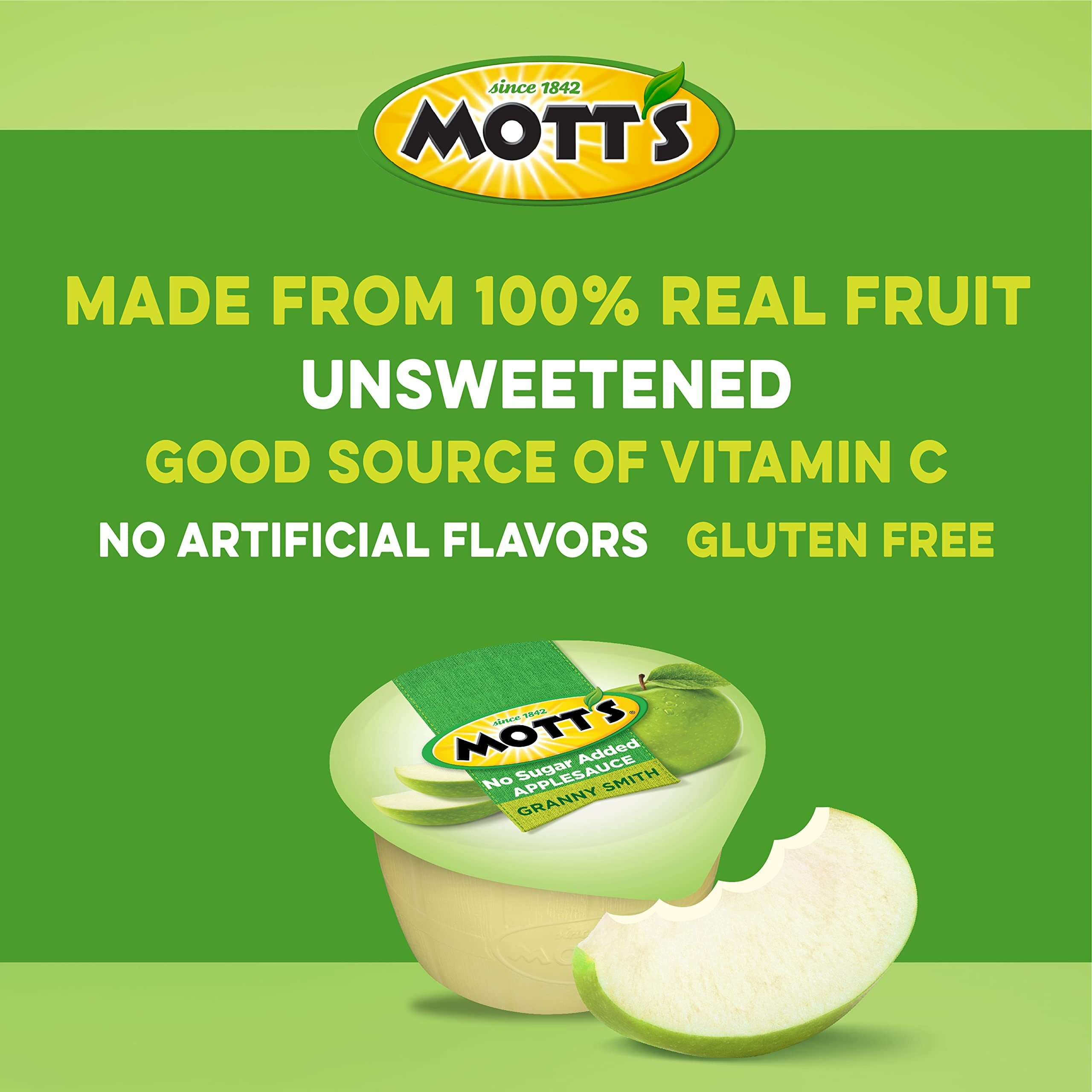 Mott's No Sugar Added Granny Smith Applesauce, 3.9 Oz Cups, 72 Count (12 Packs Of 6), Good Source Of Vitamin C, No Artificial Flavors