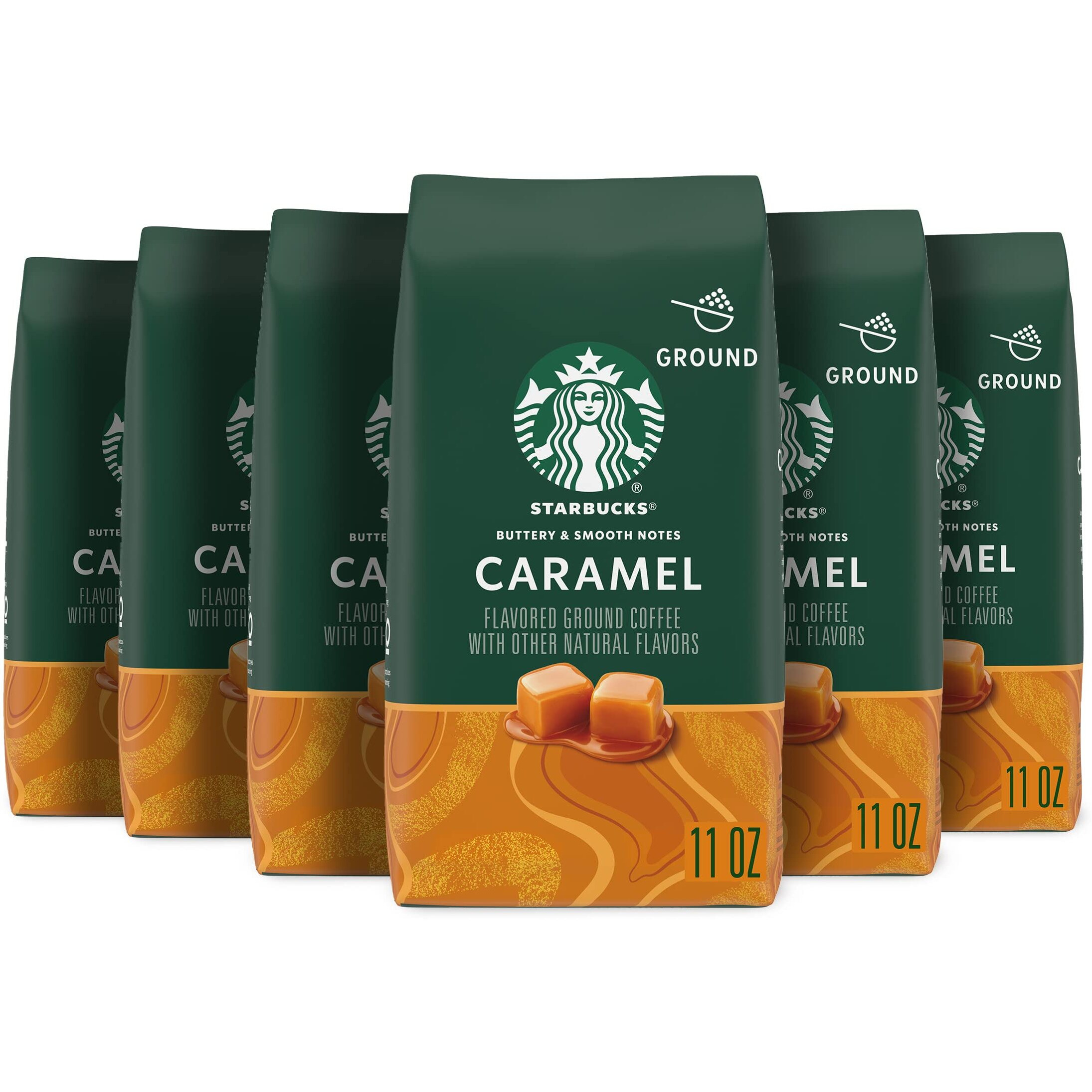 Starbucks Ground Coffee, Caramel Flavored Coffee, Naturally Flavored, 100% Arabica, 6 Bags (11 Oz Each)