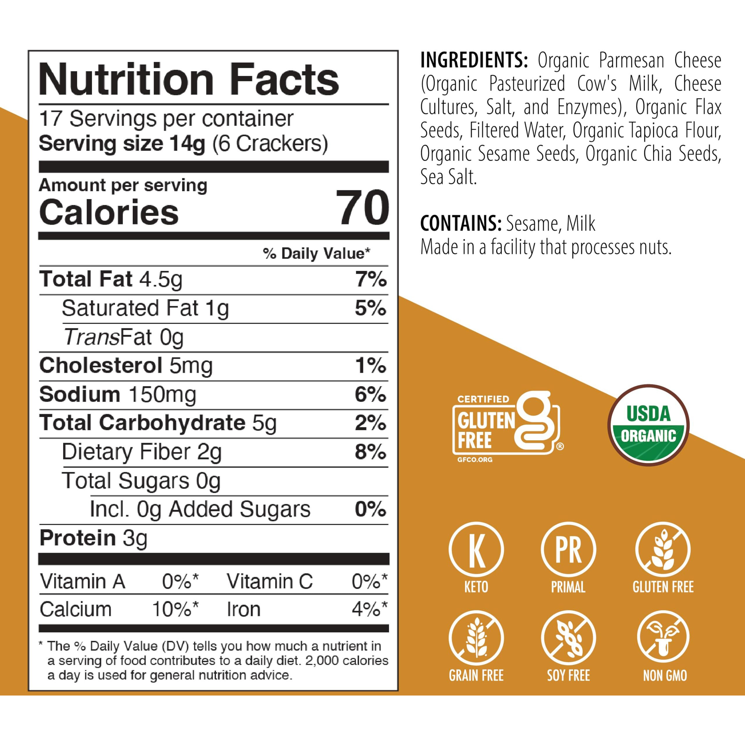 Primal Thin Crackers (Parmesan)(Organic)(Low Carb, Gluten-Free, Grain-Free) (8.4Oz) (Package May Vary)