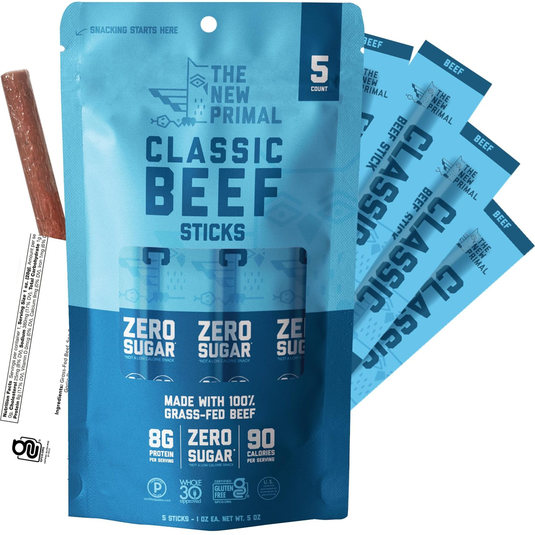 The New Primal Grass Fed Beef Sticks, Keto & Gluten Free Healthy Snacks For Adults, Sugar Free Low Carb High Protein Snack, Paleo Whole30 Jerky Meat Stick, 6G Protein, 80 Calories, 5 Pack